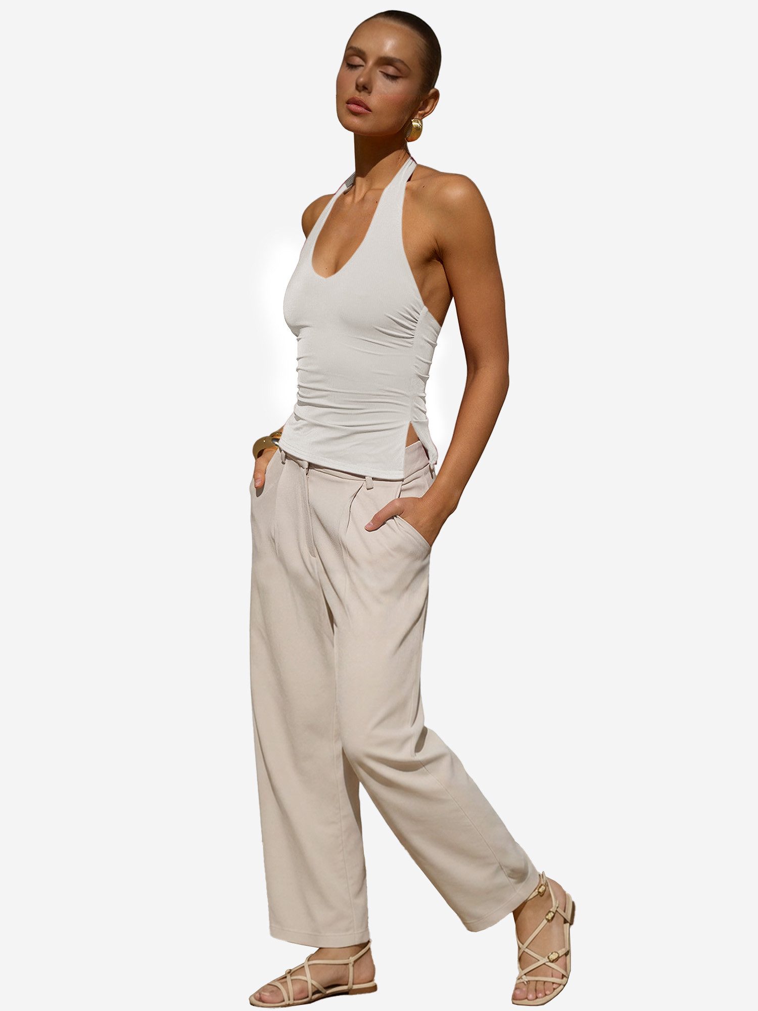 Imily Bela Tanktop Damen Halterneck Top mit freiem Rücken (Packung, 1-tlg., 1per-Pack) Seitenschlitze