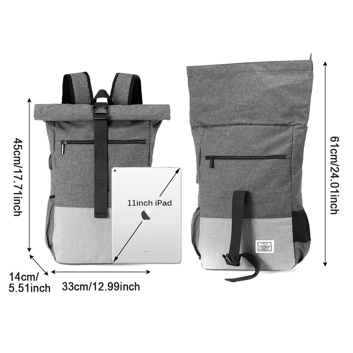 JOSEKO Freizeitrucksack Rolltop Rucksack Backpack Grau: Stilvoll & Flexibel!, modernes Rolltop Design, viele große Taschen + Fächer