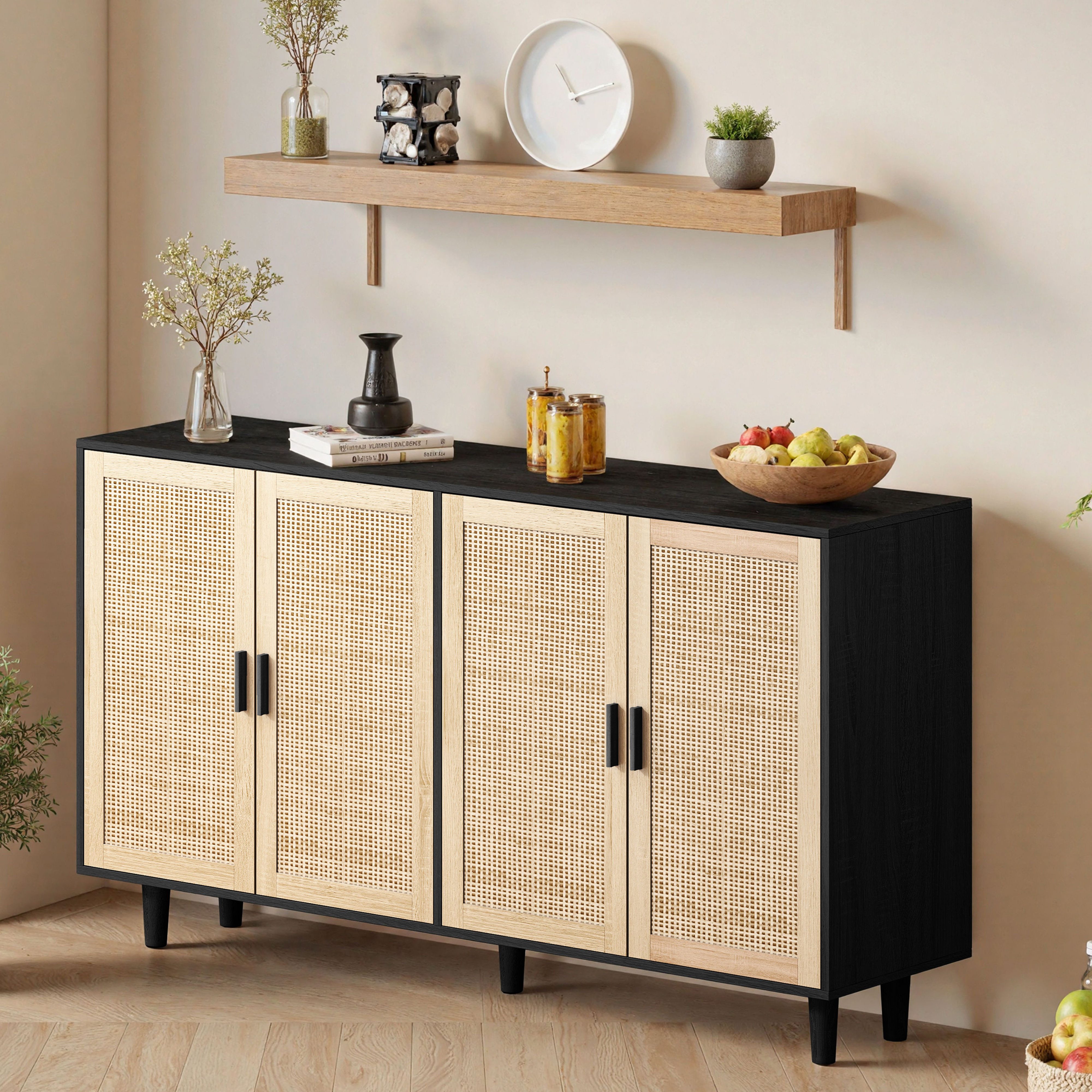 Celya Sideboard 158CM Sideboard Schlafzimmer, Rattanschrank, Aufbewahrungsschrank (Einfache Montage, Schwarz), Eleganter und funktioneller 4-türiger Rattan Schrank für Schlafzimmer