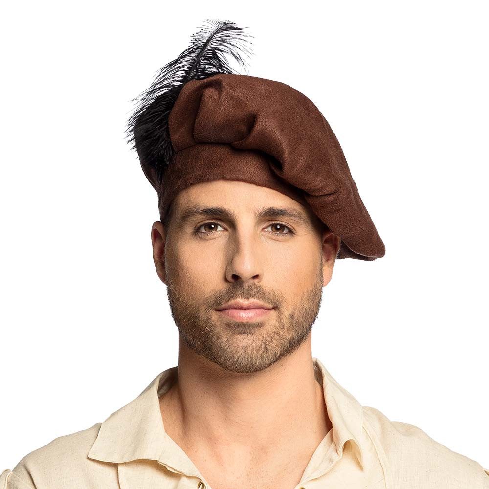 Boland Kostüm Mittelalterliche Mütze braun Feder Kopfbedeckung für Karneval günstig online kaufen