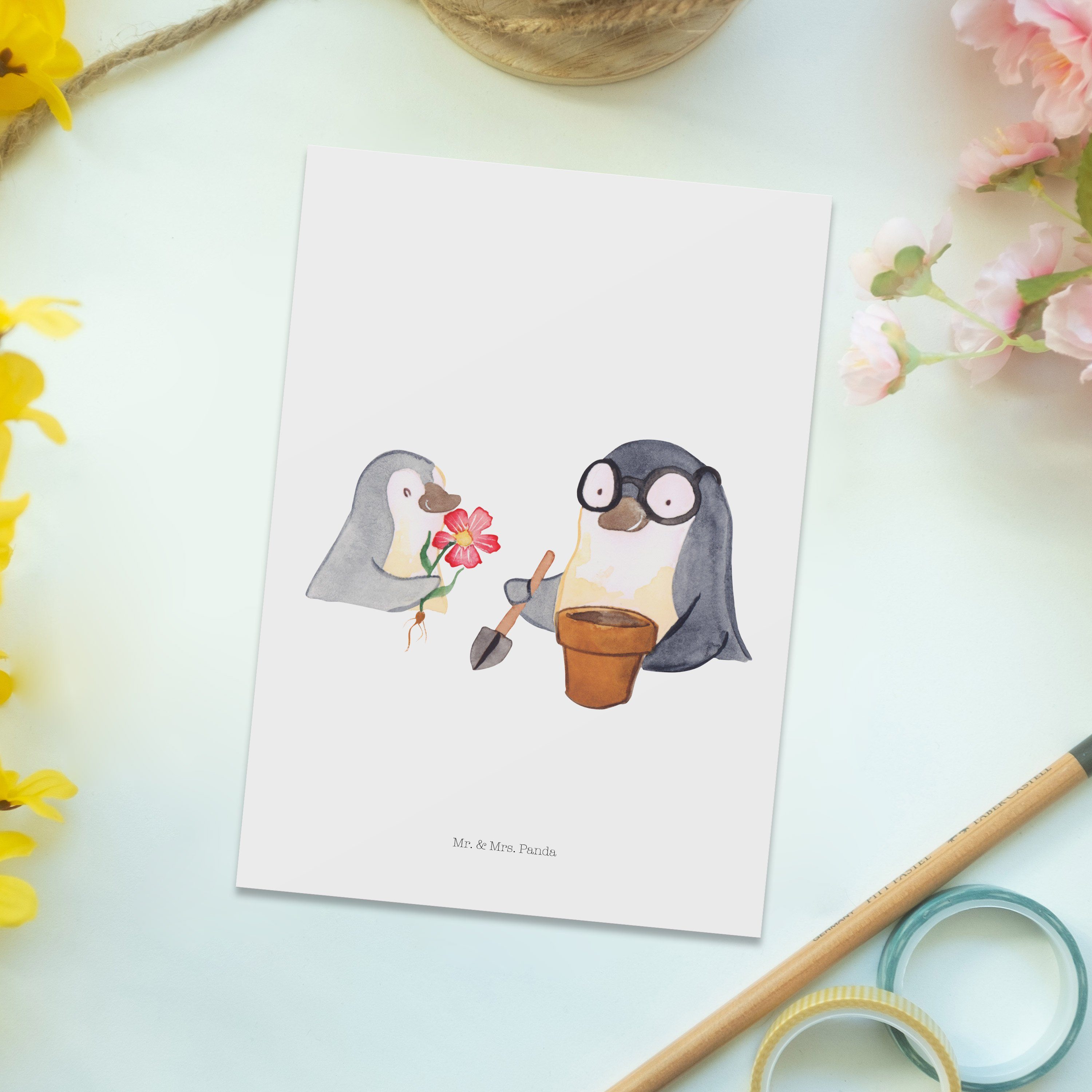 & Mrs. Mama, Großvater, Mr. Gärtn - Opa Geschenk, pflanzen Panda Blumen Postkarte - Pinguin Weiß