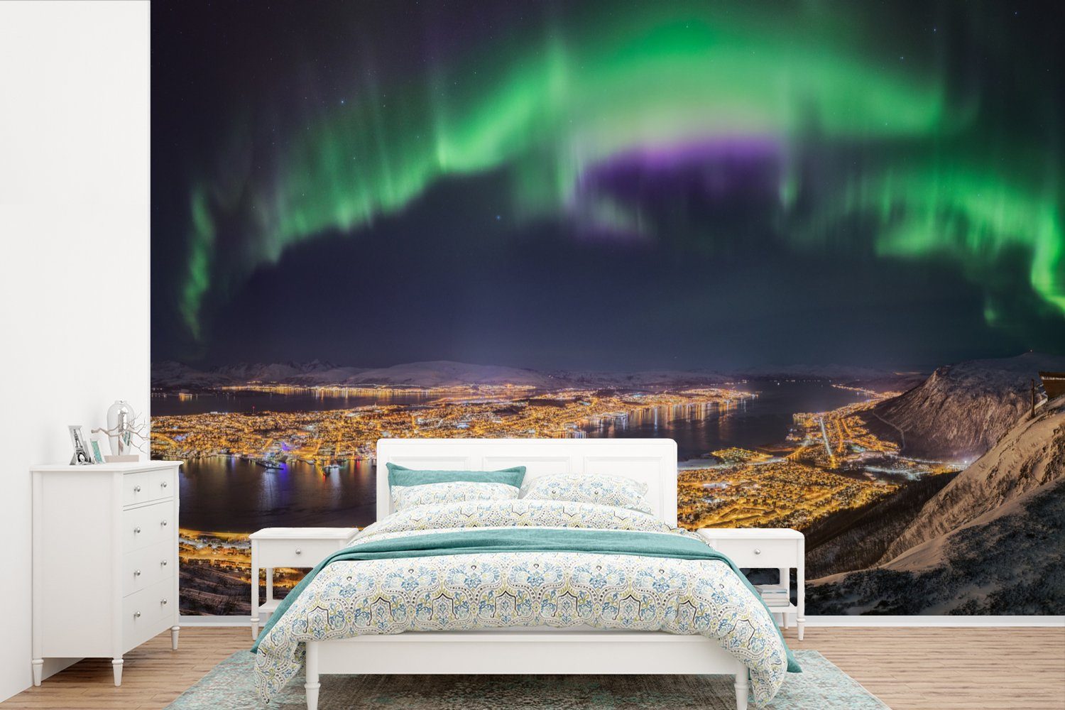 MuchoWow Fototapete Norwegen, St), Schlafzimmer, Vinyl (6 Grün Lila - - Matt, Wallpaper für Nordlichter - Kinderzimmer, Tapete Wohnzimmer, bedruckt