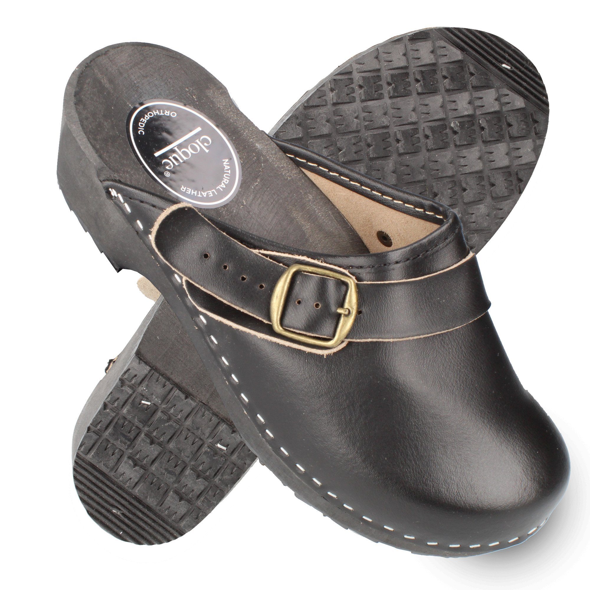 Roden Schwarze Schweden Lederclogs mit Schnalle Damen & Herren, Unisex Clog