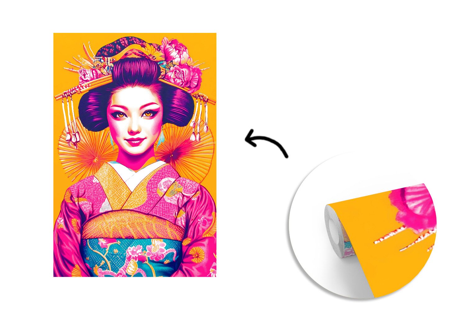 MuchoWow Fototapete Blumen - Frau - Kimono - Rosa, Matt, bedruckt, Montagefertig Vinyl Tapete, Wandtapete, 170x260 cm