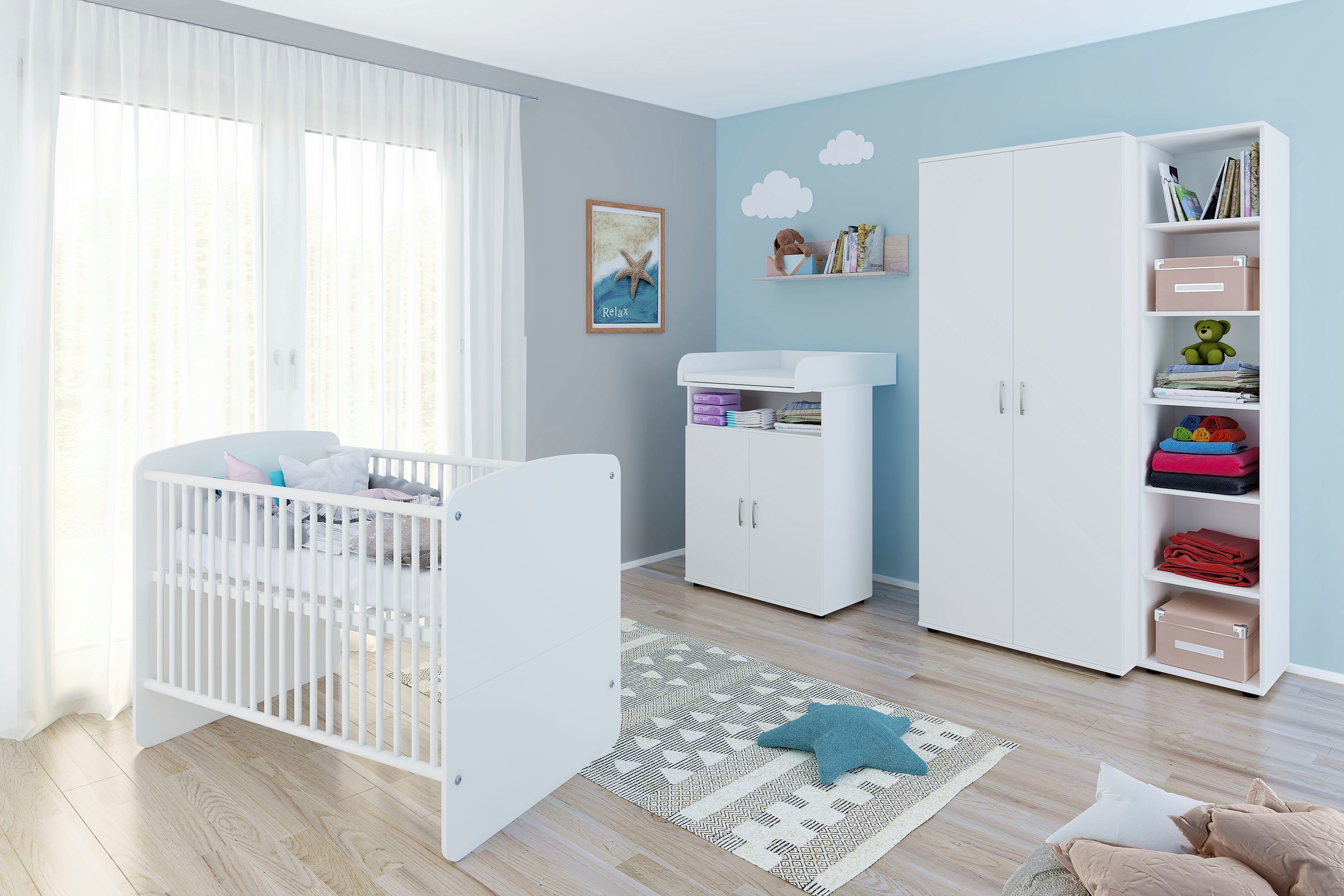 Lüttenhütt Babymöbel-Set, (Set aus: Regal, Wickelaufsatz, Wandboard, Kommode, Set Schrank aus: Wandboard, Wickelaufsatz, Babybett, Kommode, Regal, Weiß Schrank), Babybett