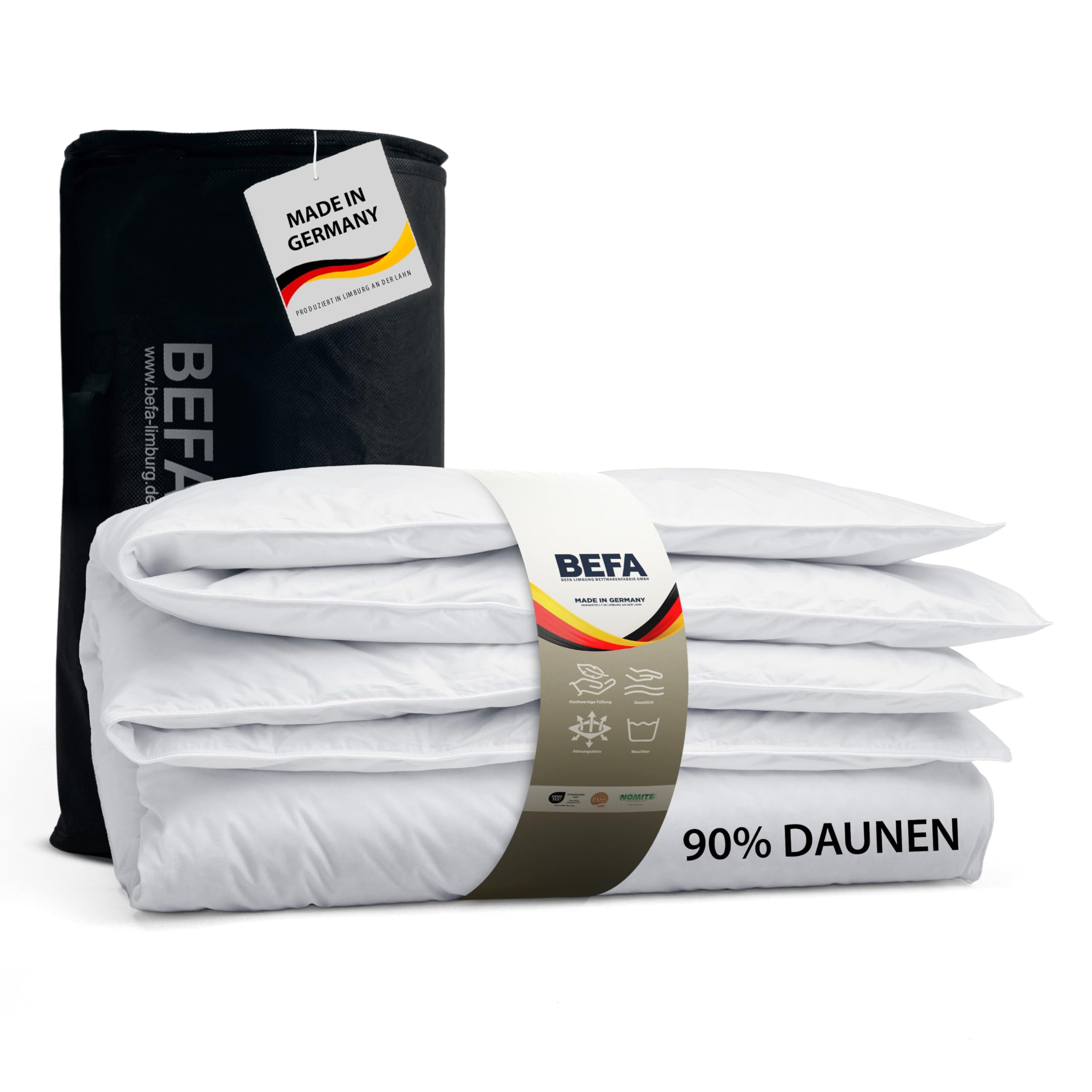 BEFA NATUR Daunenbettdecke 4-Jahreszeitendecke, Premium-Ganzjahresdecke - Perfekt als Sommerdecke, Füllung: 90% Daunen, 10% Federn, Made in Germany - Bettdecke 135x200, 155x220, 200x200