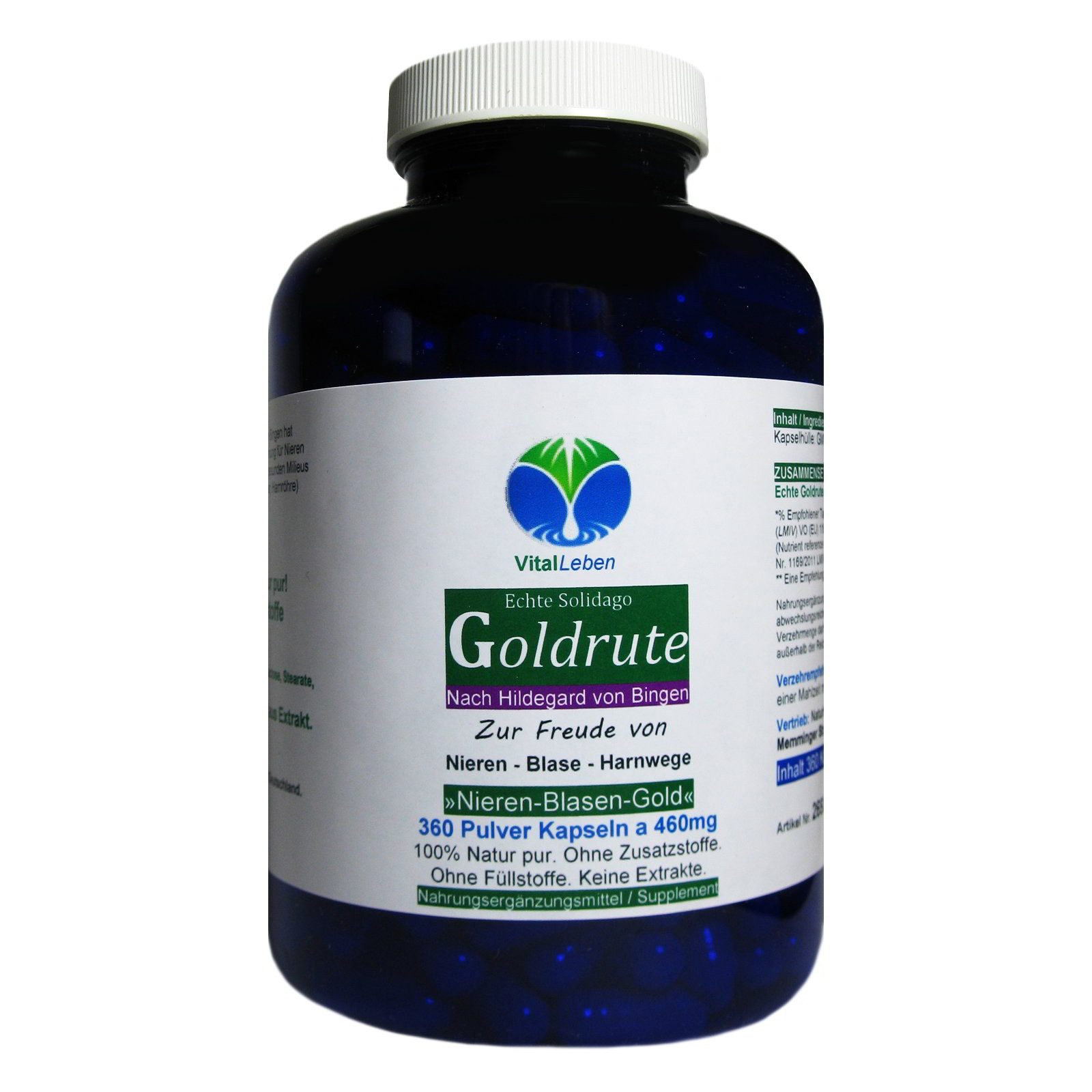 VitalLeben Echte Goldrute Solidago naturreines Goldrutenkraut ohne Zusatzstoffe Kapseln, 1 er Dose à 360 St., 166 g, Art. 26935-360