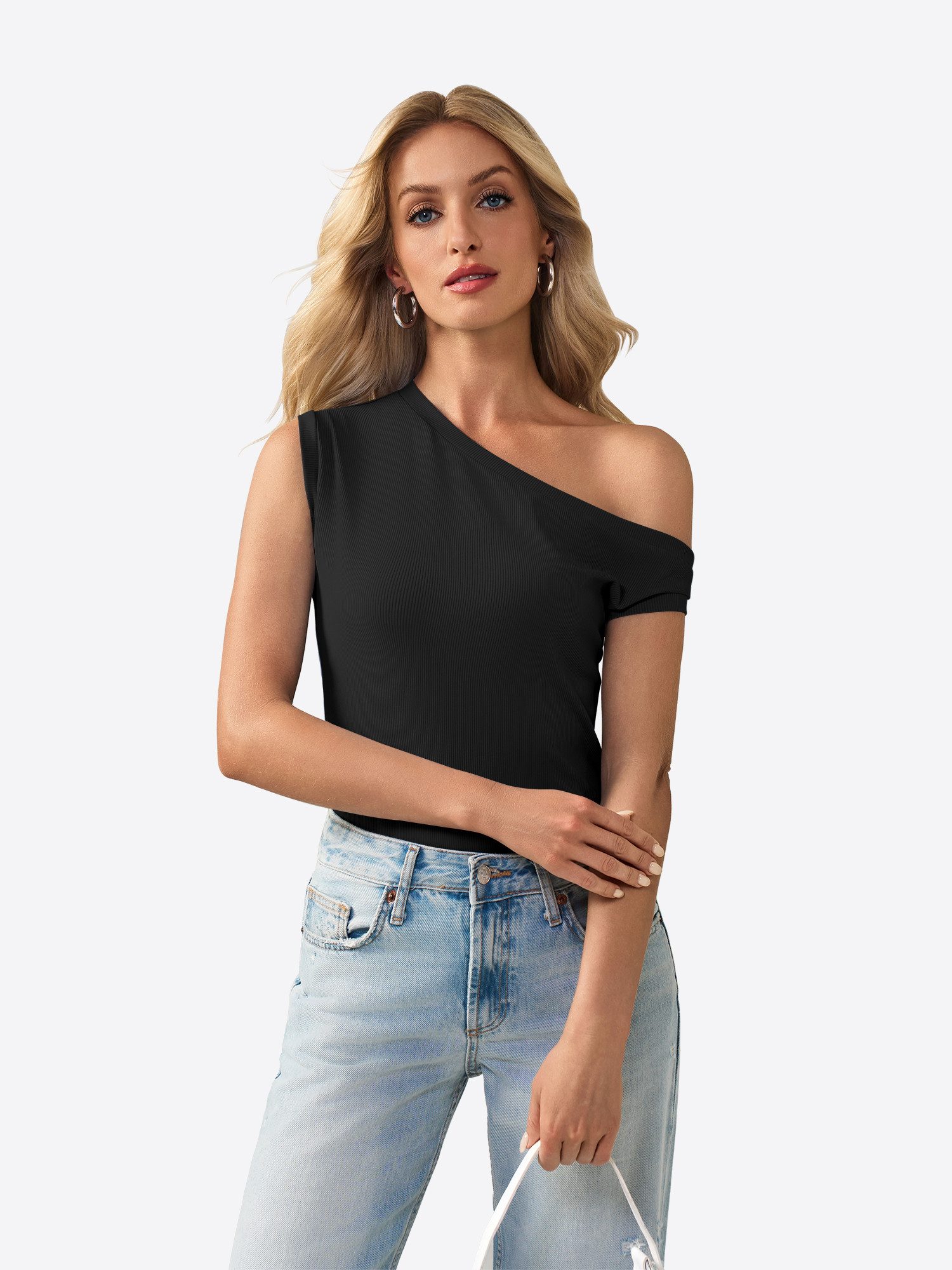 Imily Bela Tanktop Damen Sommerliche Rippstricktops mit One-Shoulder (Packung, 1-tlg., 1per-Pack) einfarbig