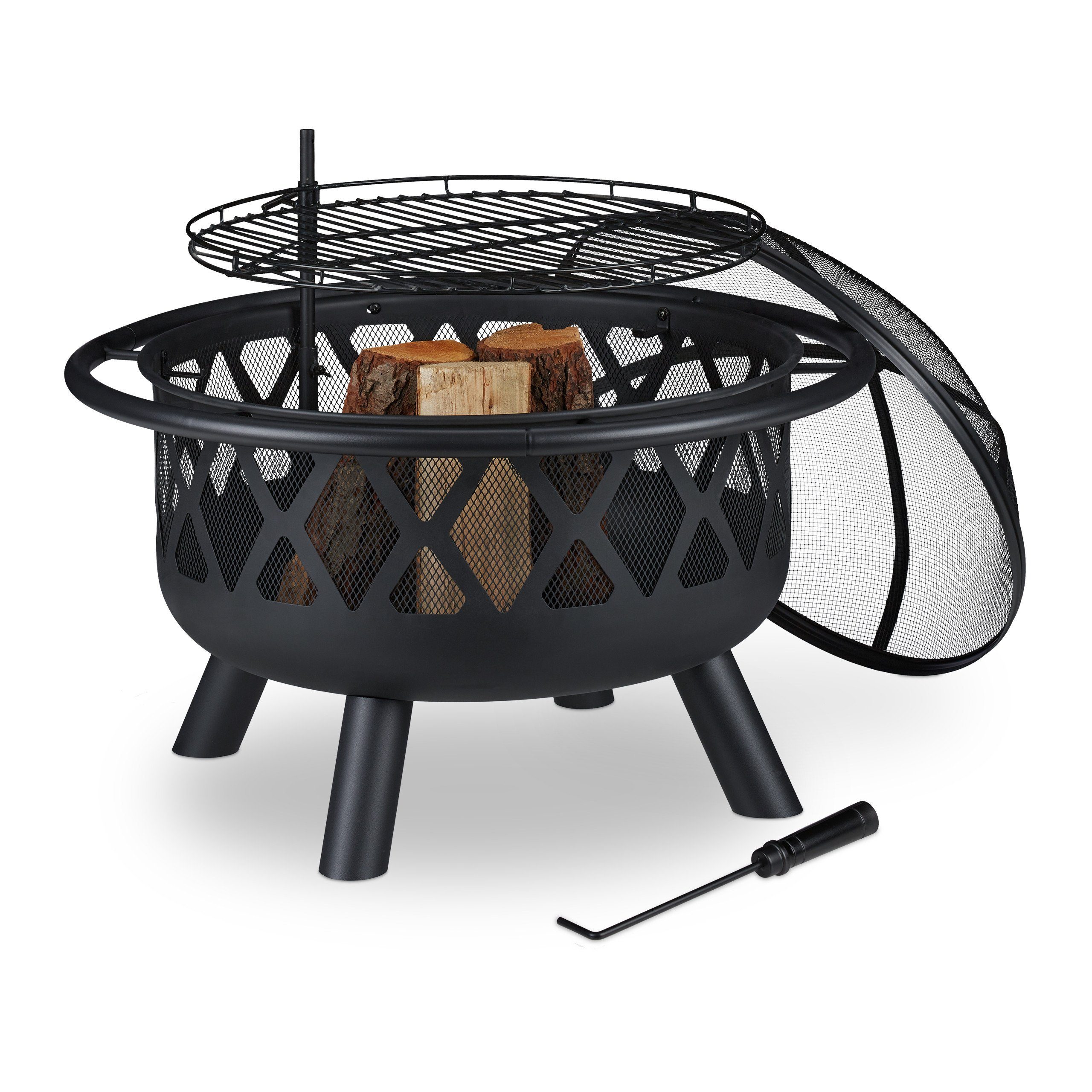 HxD: 40,5 x 58,5 cm Feuerkorb hoher Rand für Flammenschutz Hitzeschild Schürhaken Relaxdays Feuerschale schwarz 