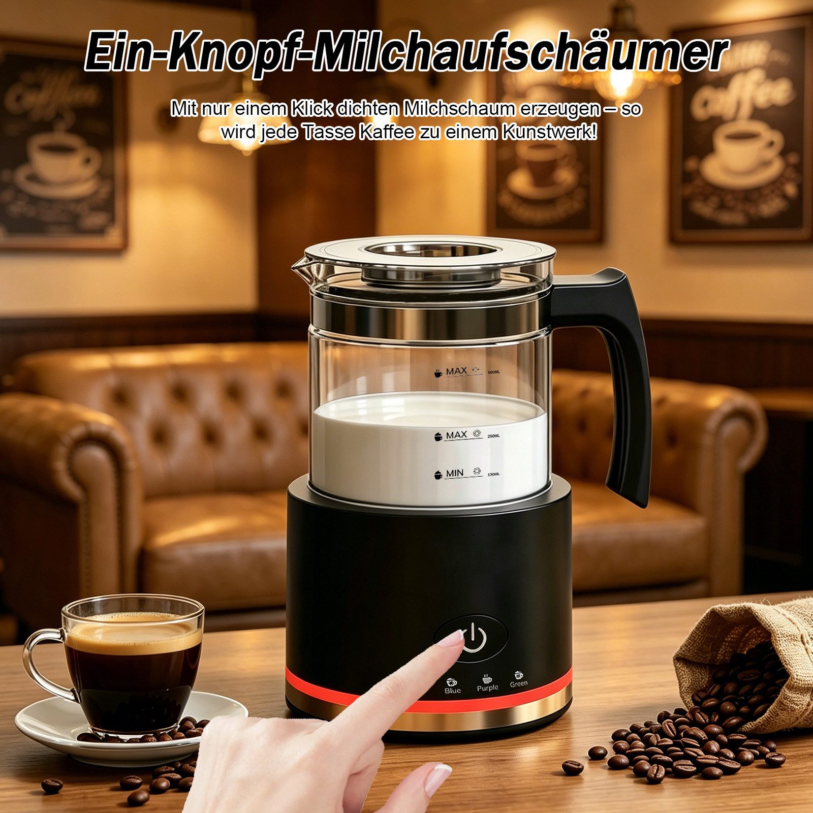 AKKEE Milchaufschäumer Elektrisch, 4 in 1 Milchschäumer für Heißer und Kalter, 500ml, 600 W