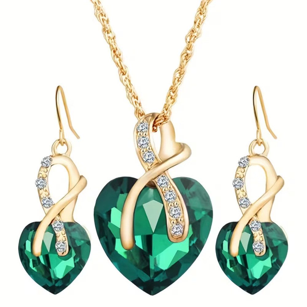 ILOKEN Ohrring und Ketten Set Herz Schmuckset Gold Kristall Damen Elegant, Herz Schmuckset Halskette Ohrringe Kristall Gold Damen elegant Luxus