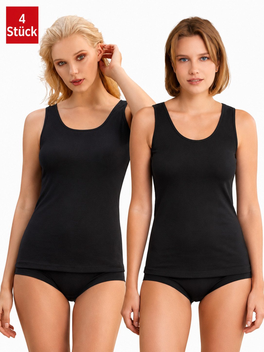 DDOnlineShop Unterhemd Damen Tanktop Baumwolle Schwarz – atmungsaktiv, elastisch (Spar-Set, 4-St., 4er Pack) Premium Qualität 2015