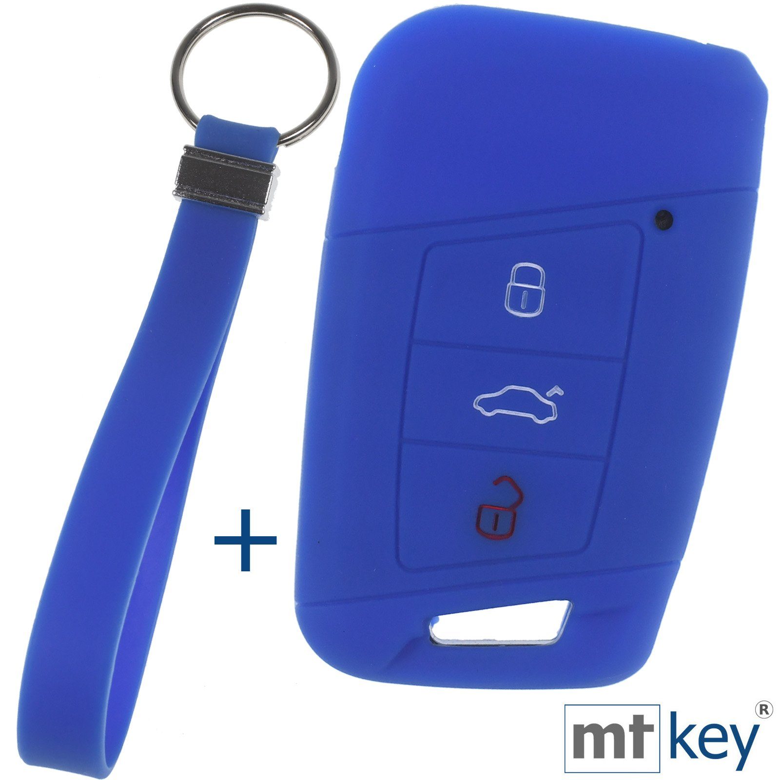 mt-key Schlüsseltasche Autoschlüssel Softcase Silikon VW 3 Blau Tasten Skoda KEYLESS mit SMARTKEY B8 Schutzhülle Schlüsselband, Passat Kodiaq Arteon für