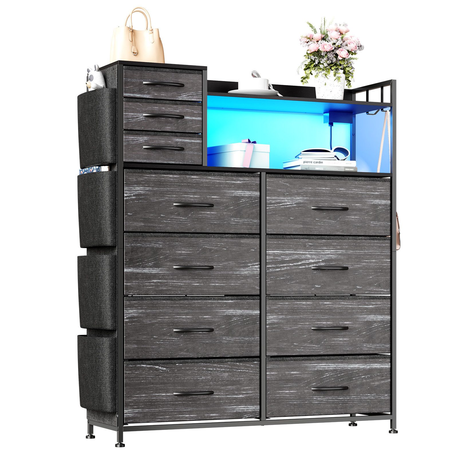 GarveeMore Kommode Highboard Kombikommode Schubkastenkommode mit 8+3 Stoffschubladen (1 St), Hochkommode mit 4 Seitenfächer, USB-Anschluss, LED, Haken und Regale