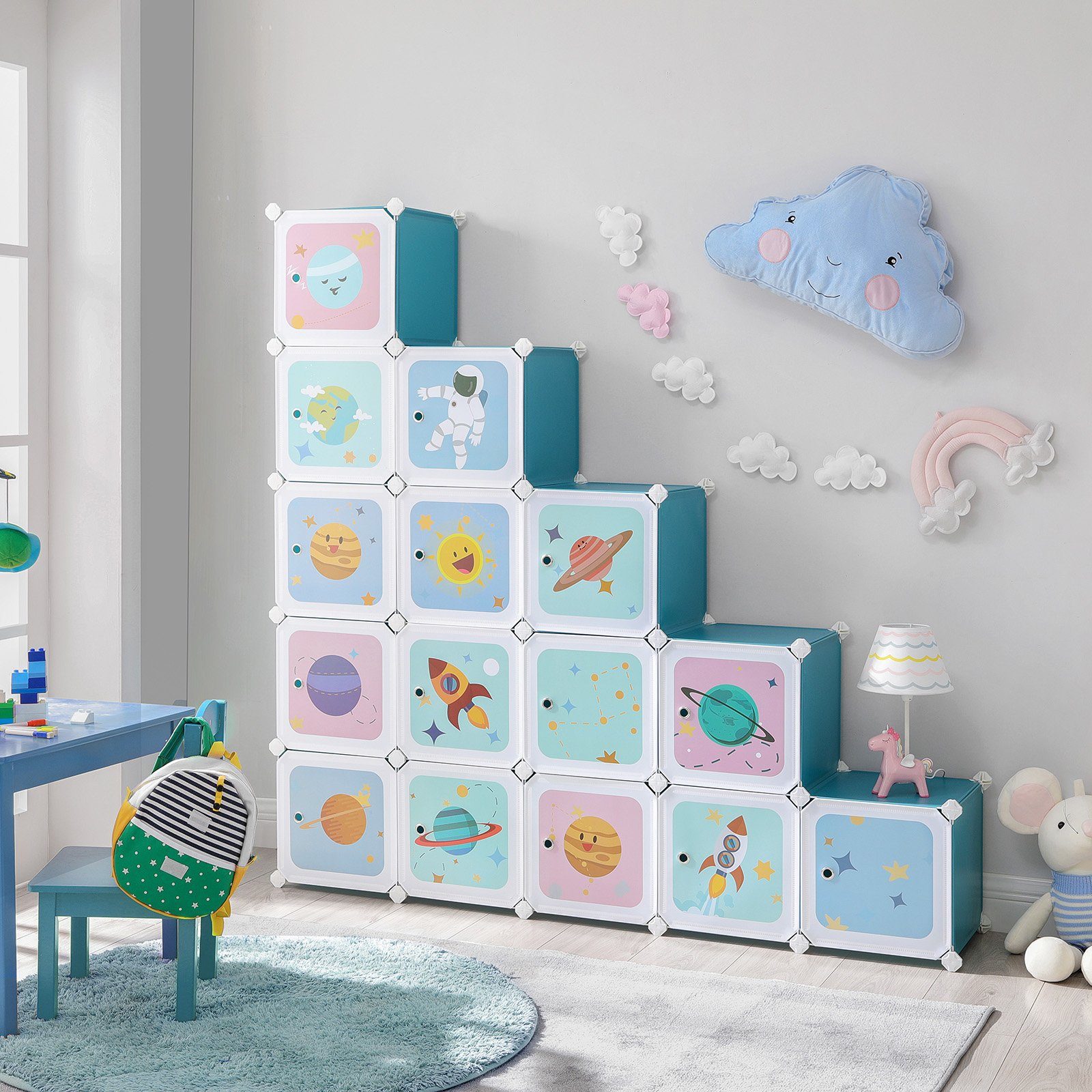 SONGMICS Kleiderschrank Kinderregal Schuhregal aus Kunststoff, mit 16 Würfeln