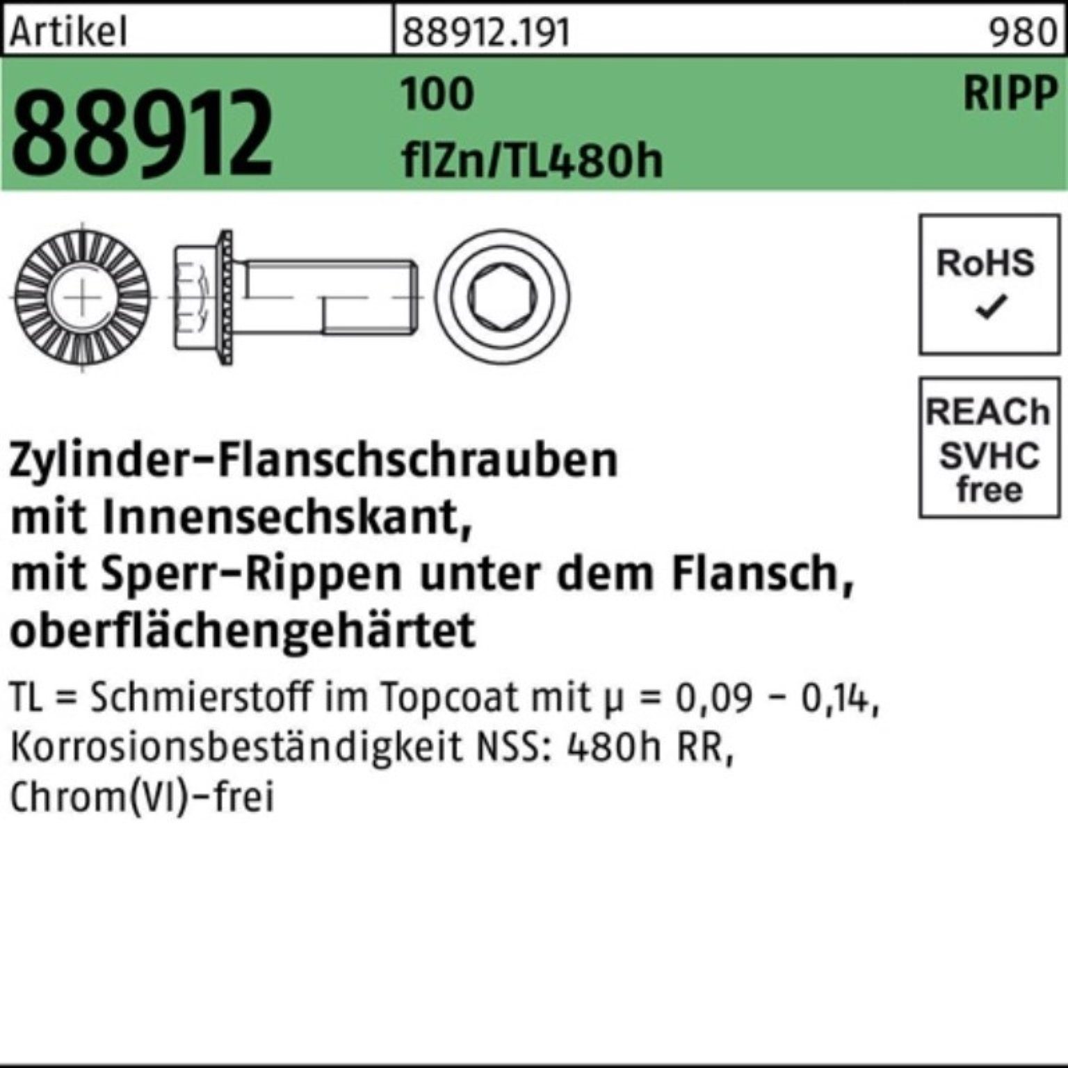 Reyher Schraube 100er Pack Zylinderflanschschraube R 88912 Sperr-Ripp In.-6kt M12x45 1