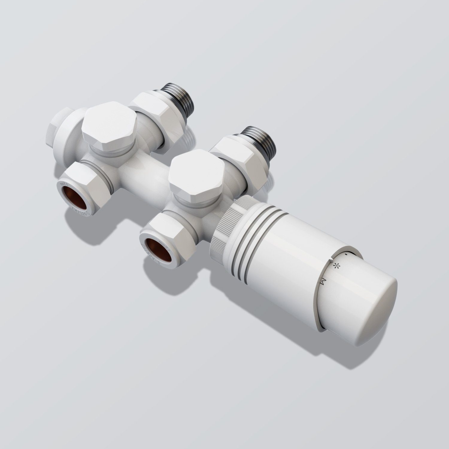 ELEGANT Heizkörperthermostat Multiblock Set für Heizkörper Anschlussarmatur Eck- und Durchgangsform mit Thermostatkopf, 50mm G 1/2", mit Thermostatkopf, 50mm G 1/2" Weiß