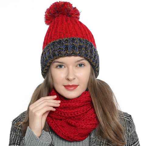 DonDon Beanie Damen Bommelmütze Strickmütze gefüttert warm (Packung, 1-St) Wintermütze, mit Bommel, Grobstrick in tollen Farben