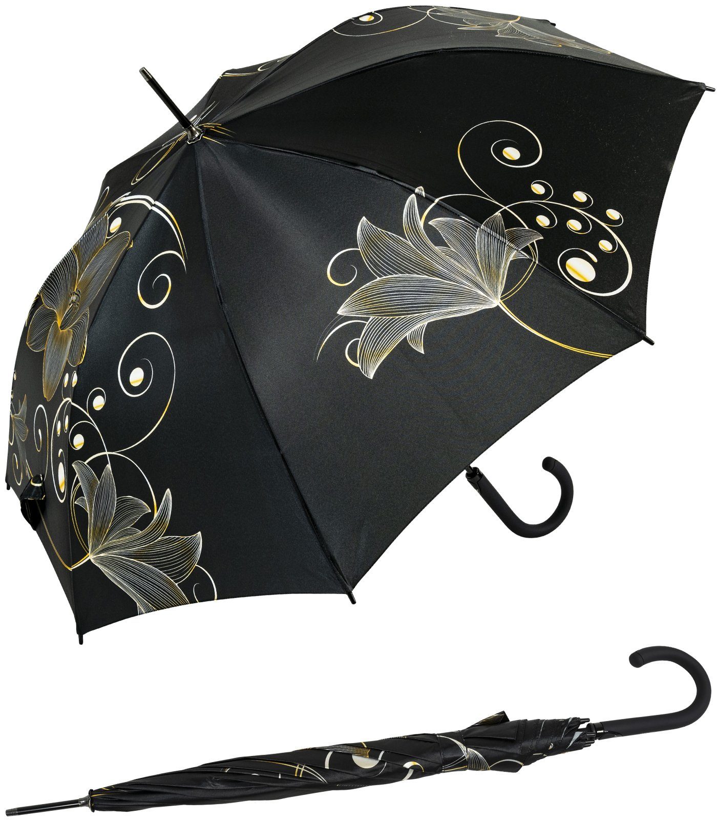 doppler® Langregenschirm Damen-Regenschirm groß und stabil mit Automatik,  Golden Flower - mit goldenem Blumen-Design | Taschenschirme