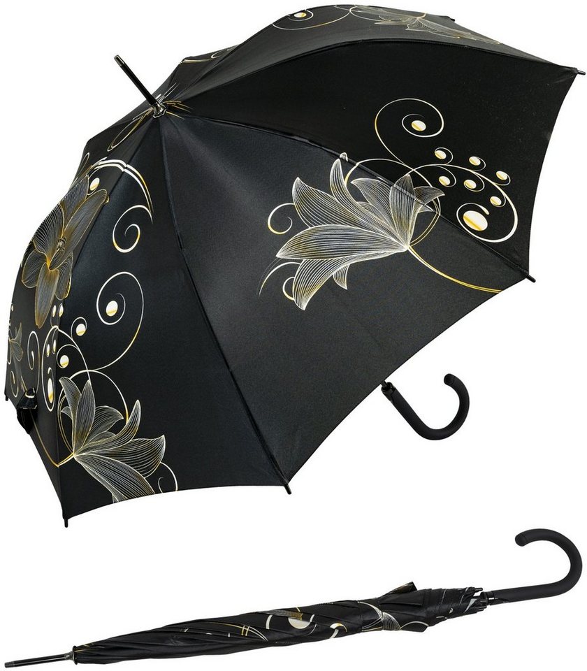 doppler® Langregenschirm Damen-Regenschirm groß und stabil mit Automatik,  Golden Flower - mit goldenem Blumen-Design