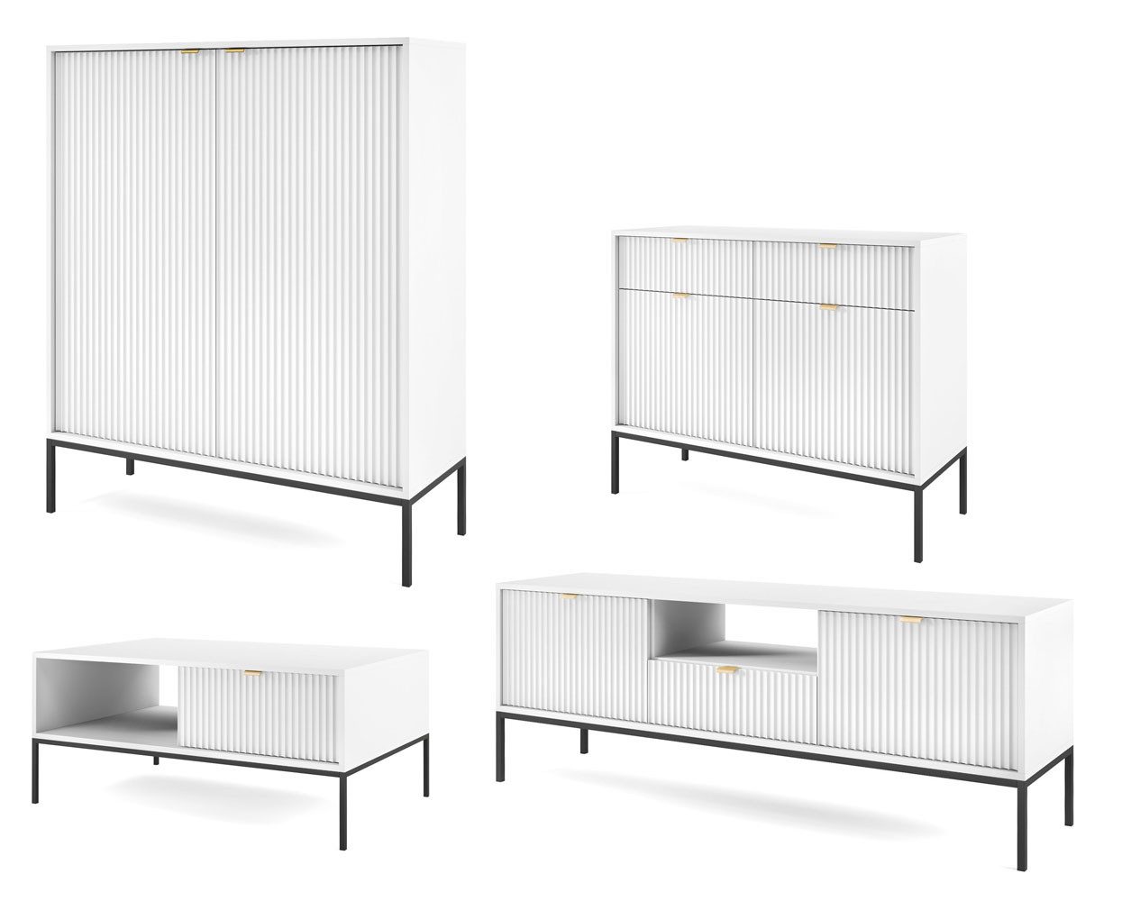 Feldmann-Wohnen Wohnwand Nova, (1 Highboard, 1 Kommode, 1 Couchtisch, 1 Lowboard, 1-St., Riffel-Optik Front, goldfarbene Metallgriffe, ABS-Kanten), 4-teilig MDF Weiß