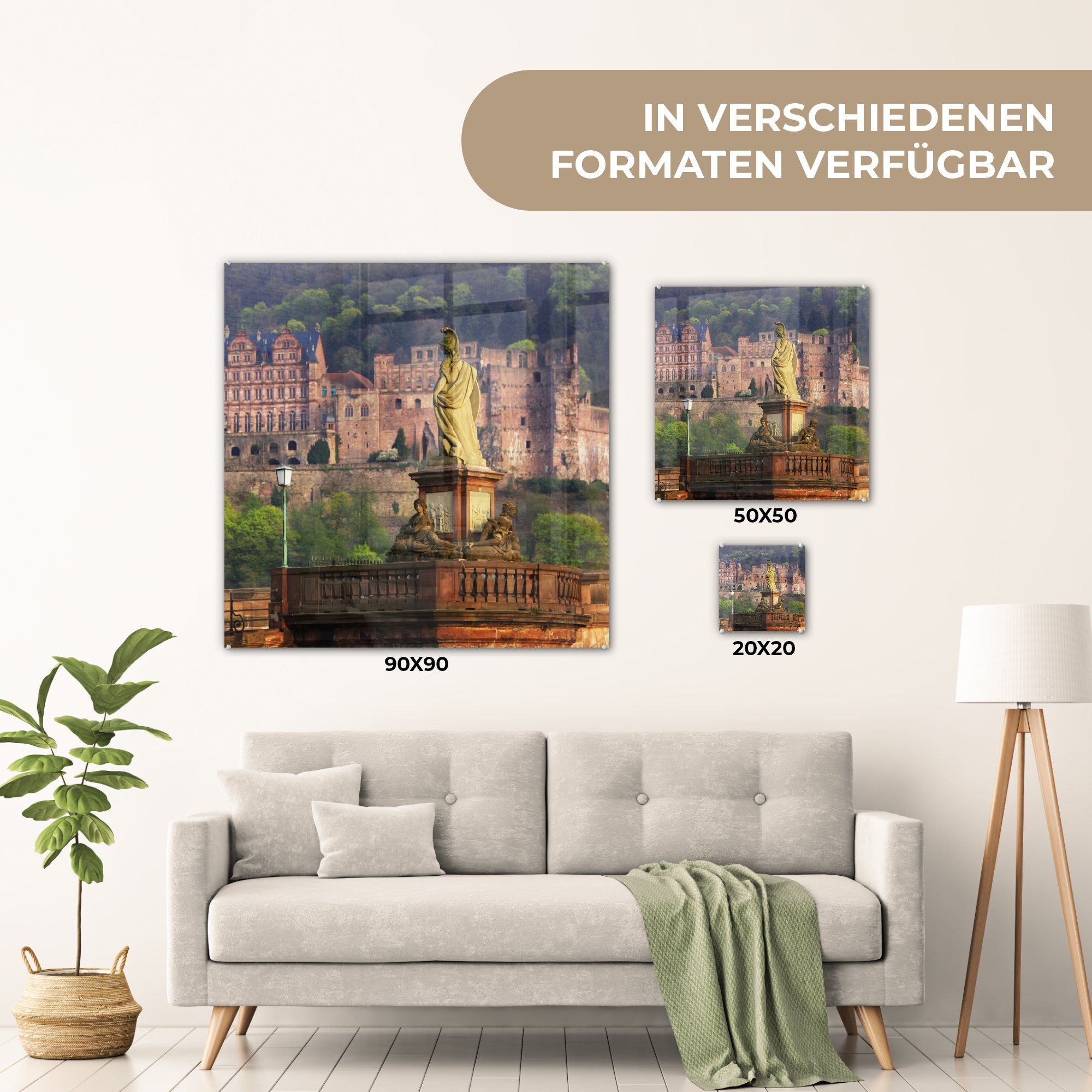MuchoWow Acrylglasbild Marienstatue vor auf Foto Schloss, Bilder - dem auf Glasbilder St), - Wanddekoration Heidelberger Glas - Glas (1 Wandbild