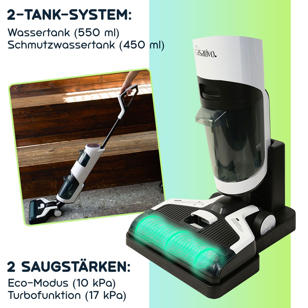 Casativo Nass-Trocken-Akkusauger Boden-Wischsauger mit HEPA-Filter, 220 W, 550ml