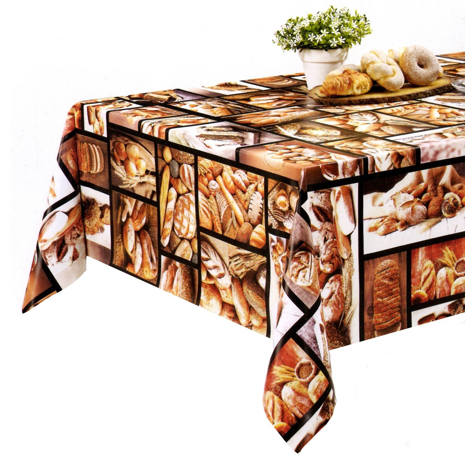 Fiora Gartentischdecke Tischdecke Brot-Brötchen Motiv Wachstuchdecke Abwaschbar PVC Plastik, Abwischbar
