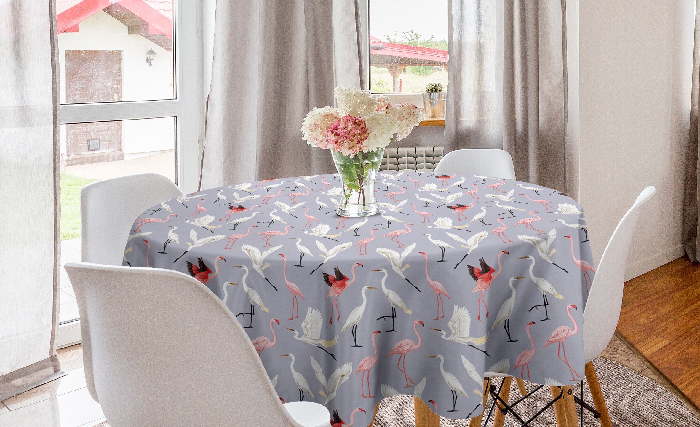 Abakuhaus Küche Tischdecke Fliegen für Flamingo Kreis Tropical Esszimmer Abdeckung Dekoration, Vogel-Motiv Tischdecke