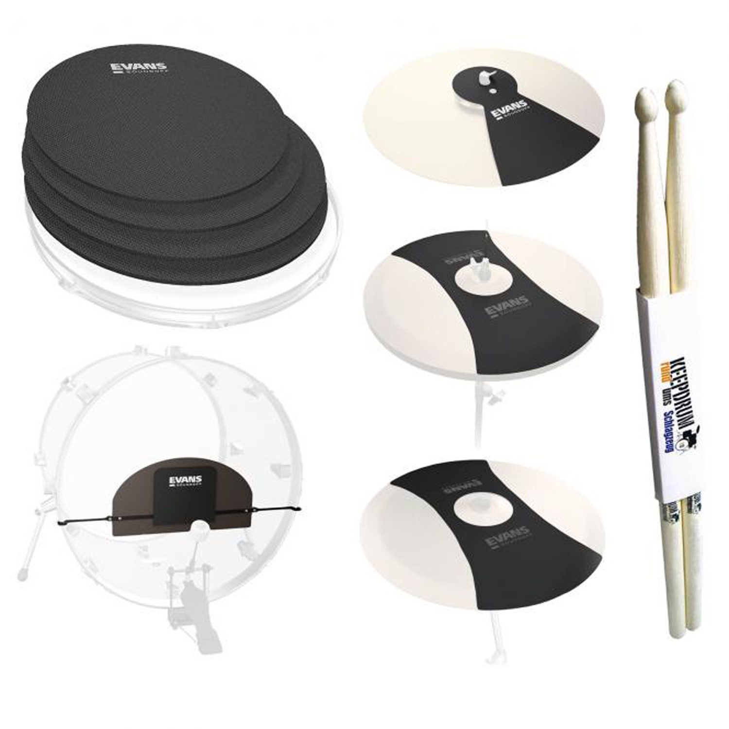 Schlagzeug Evans SoundOff Drum Mute Rock mit Schlagzeugstöcken