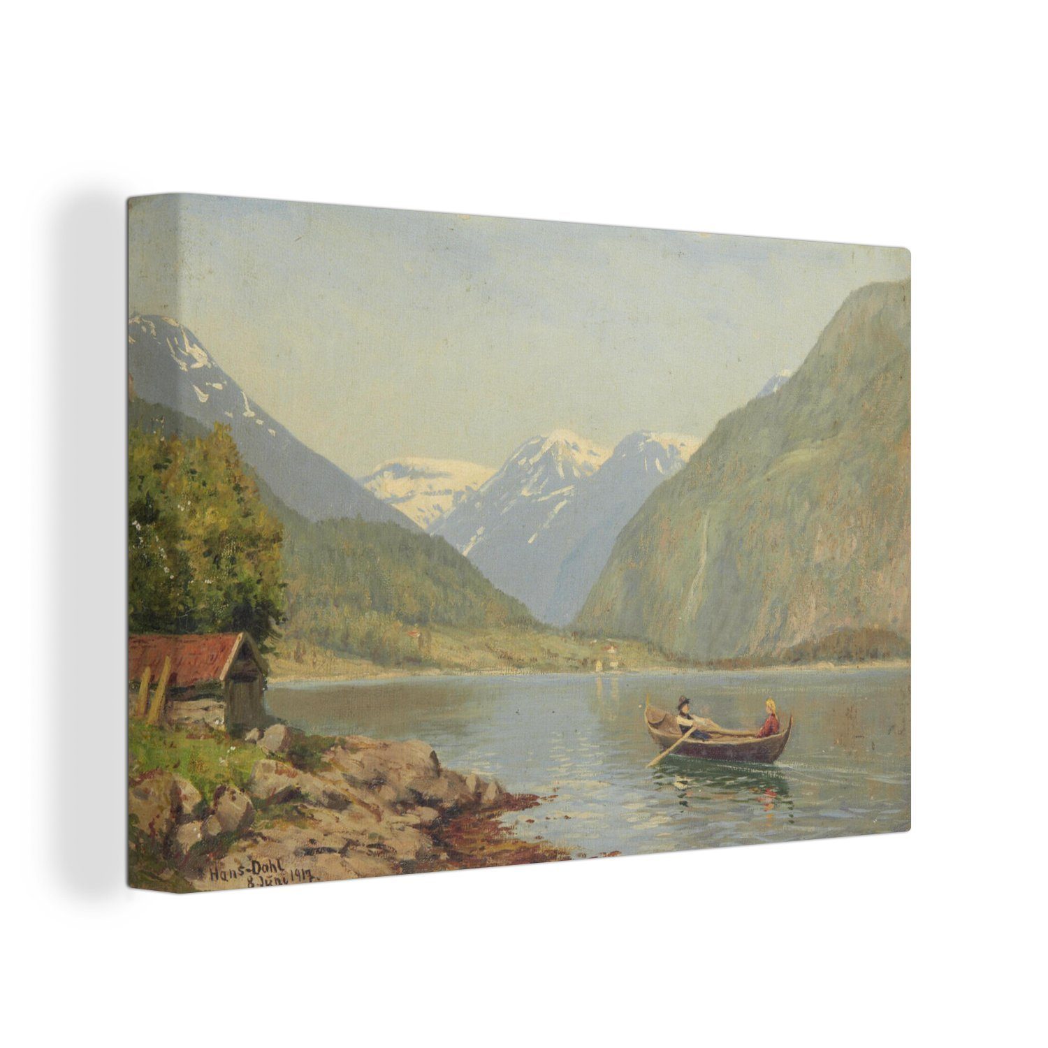 - St), 30x20 Wanddeko, Wandbild Leinwandbilder, in Fjord Leinwandbild von (1 Gemälde Hans Ruderboot einem Dahl, Aufhängefertig, cm OneMillionCanvasses® einem Figuren auf