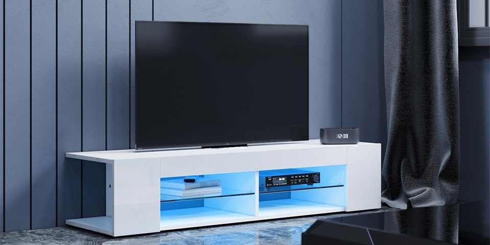 SONNI Lowboard TV-Schränke Breite 135cm weiß/schwarz Hochglanz mit LED Beleuchtung, tv schrank in wohnzimmer, sideboards