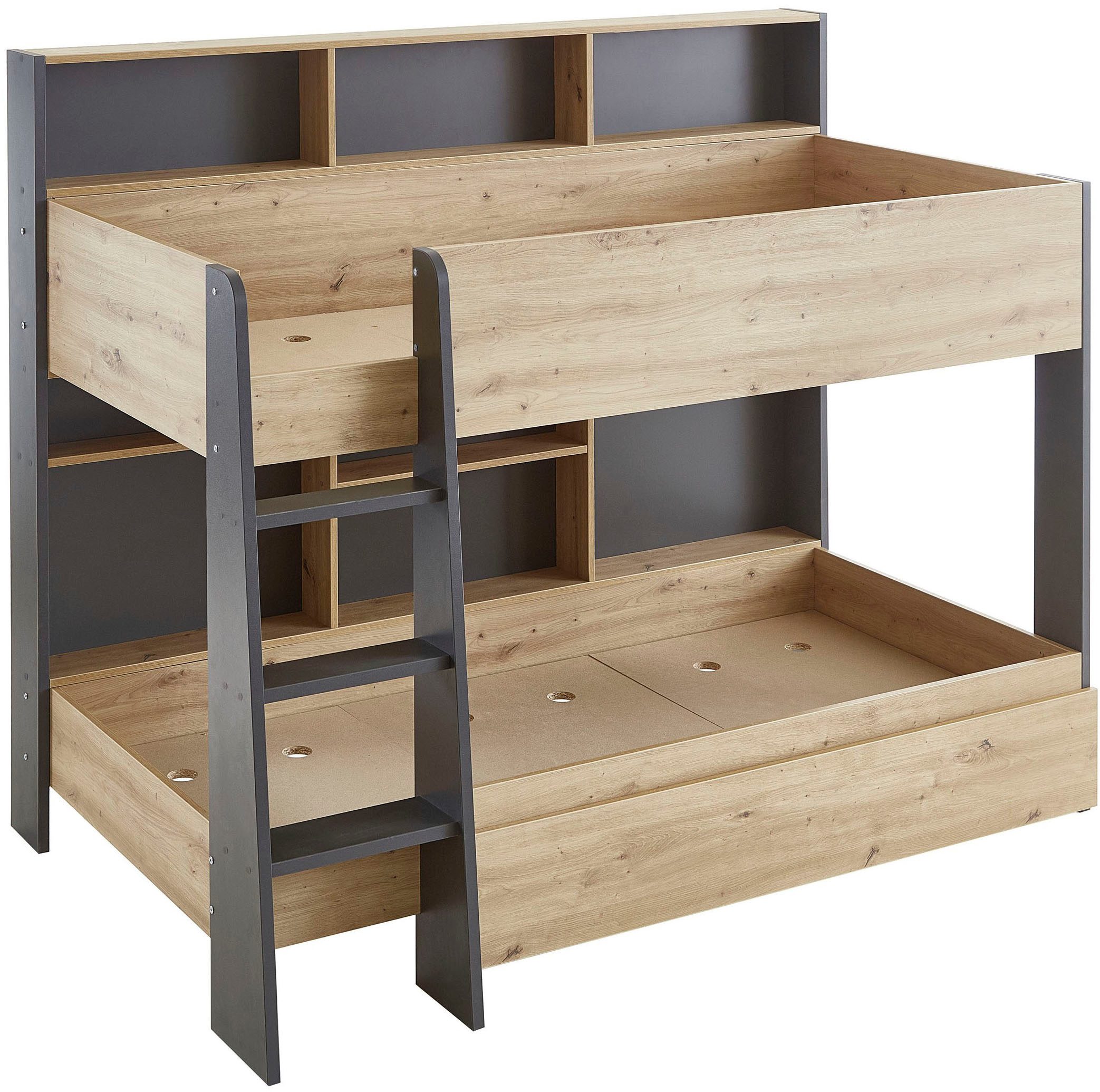 Relita Etagenbett Sely, viel Funktion auf kleinem Raum, 2 Liegeflächen, modernes Design (viele Regalfächer an der Bettrückseite, inkl. Schublade auf Rollen), viel Stauraum, pflegeleichte Melamin Oberfläche, 3 Farben zur Wahl