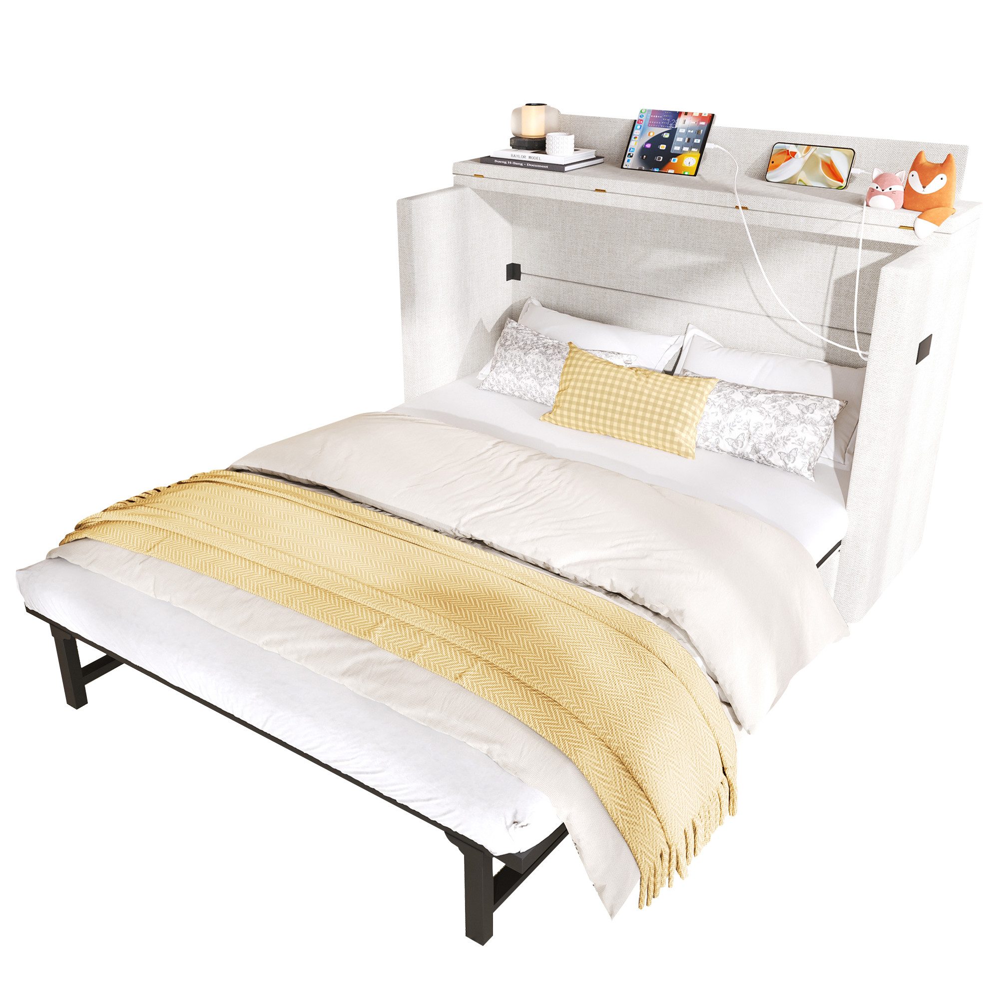 SOFTWEARY Schrankbett mit Mehrfachsteckdose und Schubladen (140x200 cm) Wandklappbett, horizontal klappbar, platzsparend, Leinen