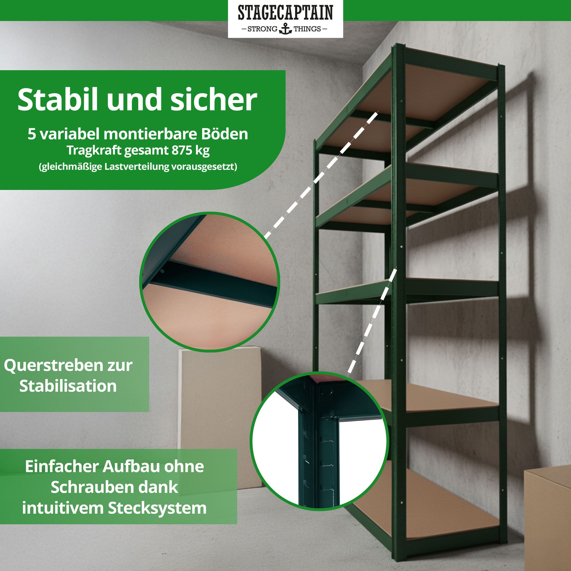 Stagecaptain Schwerlastregal Lagerregal - 5 variabel montierbare Böden - auch als Werkbank umbaubar, Tragkraft pro Boden: 175 kg, gesamt 875 kg