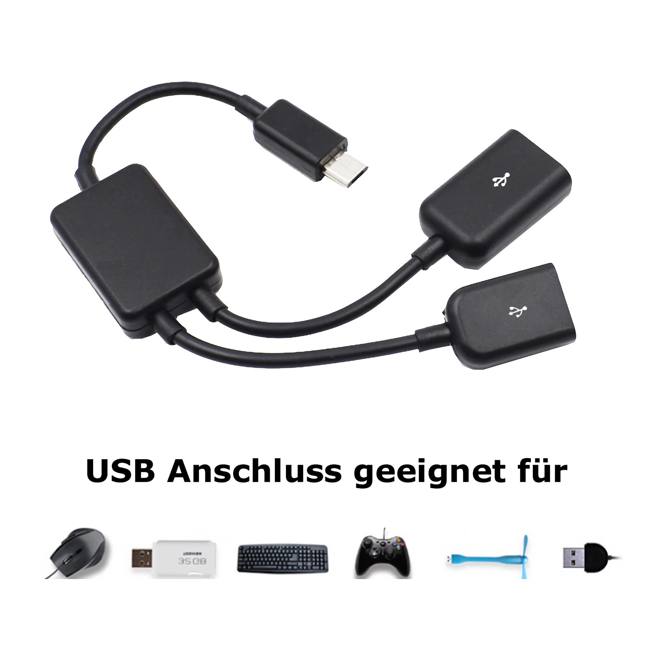 Bolwins F64 Micro USB OTG Adapter auf 2x USB-A Buchse 19cm Smartphone-Kabel, Micro-USB Stecker, 2x USB 2.0 A (19 cm), OTG Funktion, Plug and Play – Bild 5 von 5