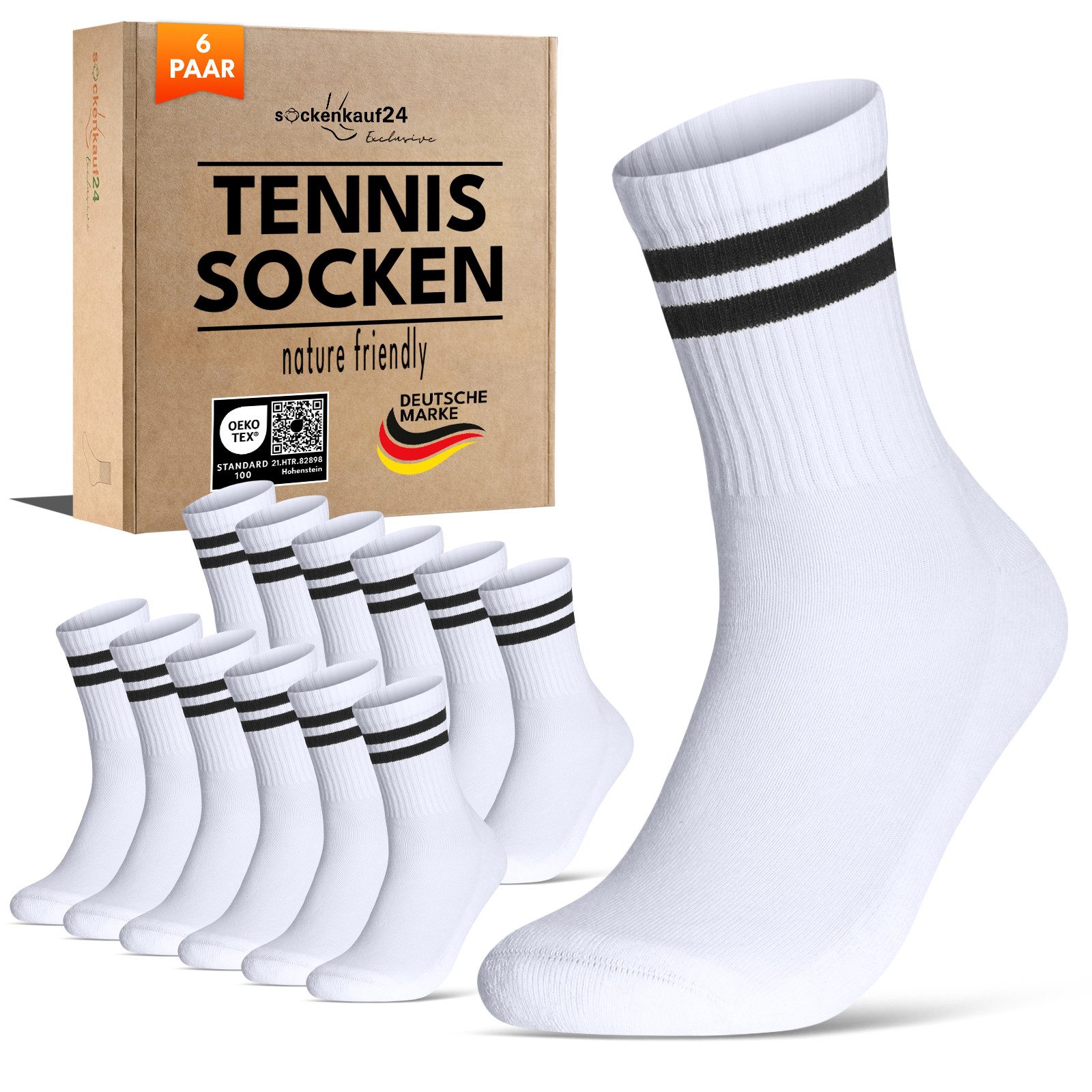 sockenkauf24 Tennissocken Damen Спортивные носки Premium Retro Crew Socken (6-Paar, 6 Paar) verstärkte Ferse & Fußspitze, gepolsterte Sohle, gekämmte Baumwolle
