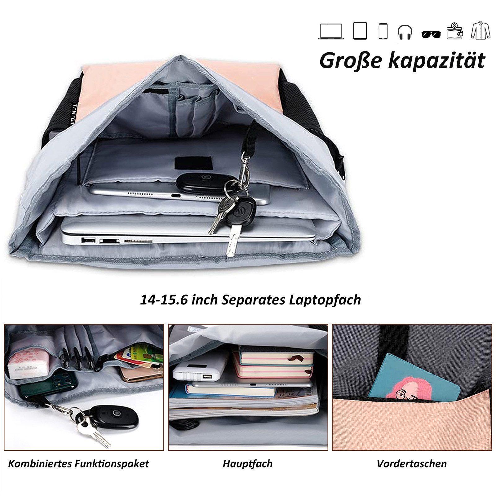TAN.TOMI Cityrucksack Rucksack Damen Groß Rucksack Herren Groß Schulrucksack (Arbeitsrucksack viele Fächer mit 15,6" Laptopfach/USB-Anschluss), Unisex Rolltop Rucksack Wasserdicht, Lässiger Backpack