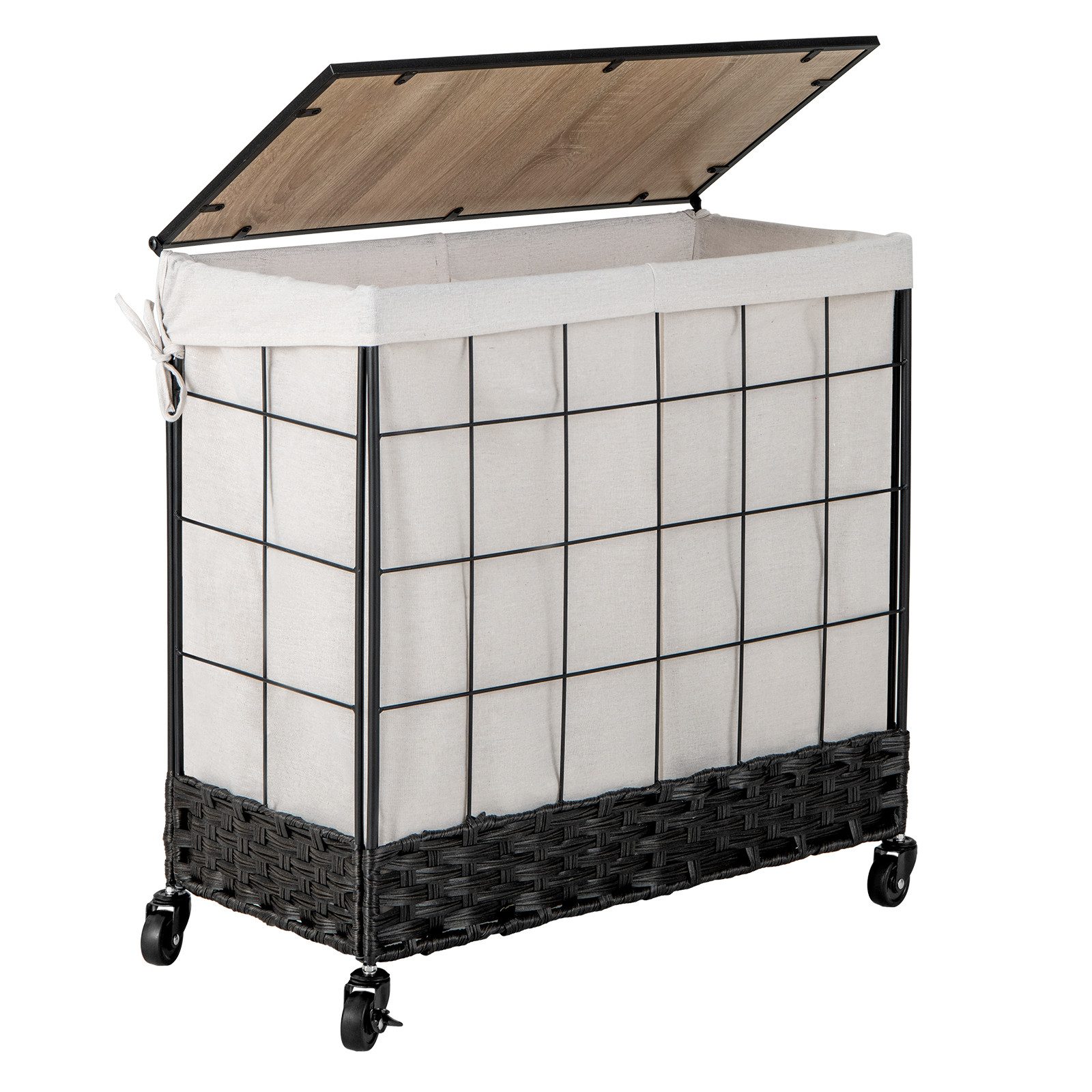 COSTWAY Wäschekorb, mit Deckel, Rollen & Innentasche, 2 Fächer, 130L, Ratta günstig online kaufen