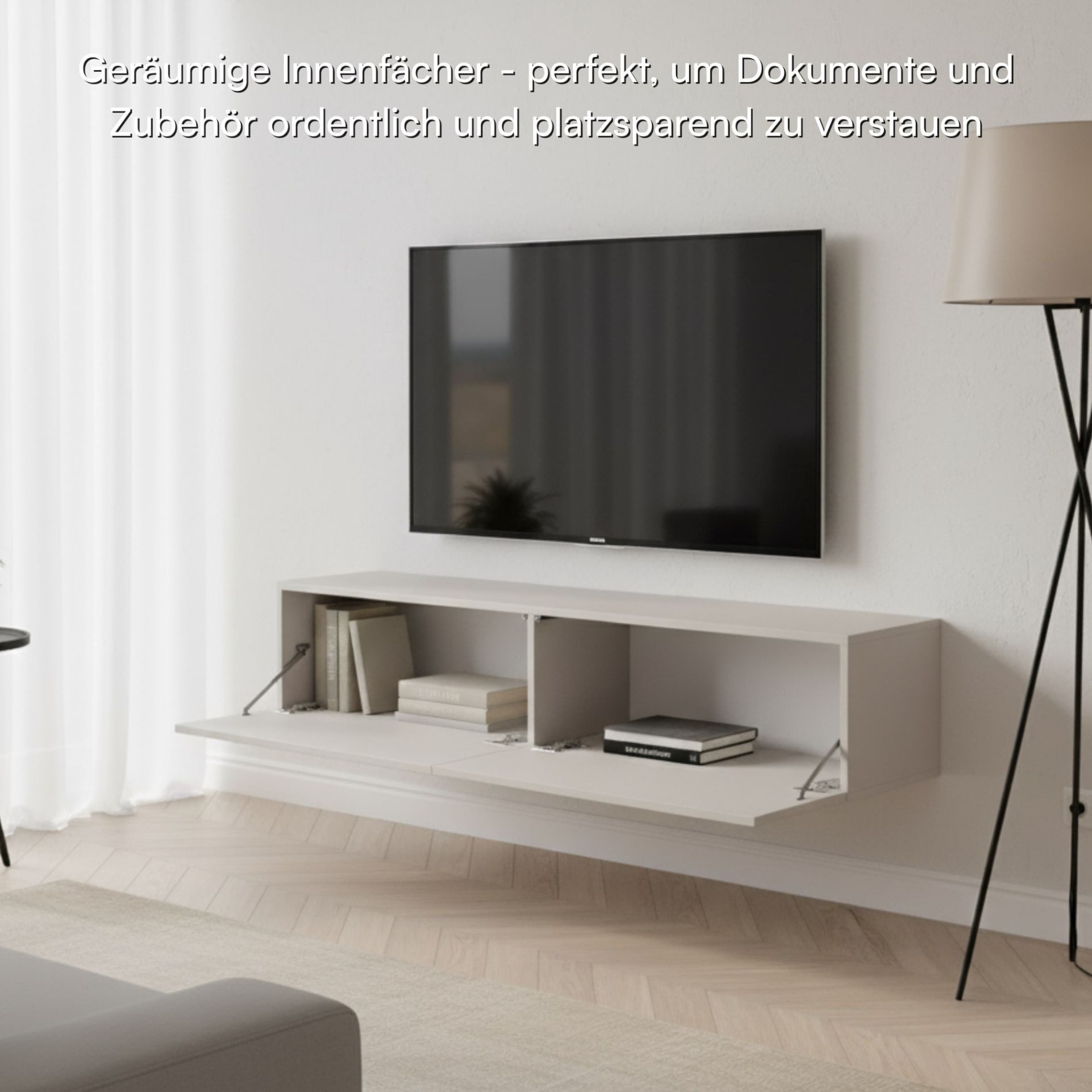 Selsey TV-Schrank VELDIO Kompaktes Hängeboard geriffelt, Push-to-Open, 140x30 cm, Matt – Bild 4 von 5