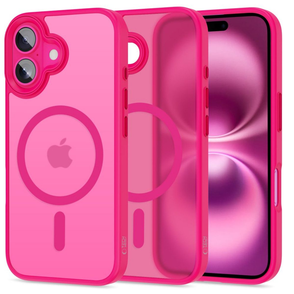TECH PROTECT Handyhülle MagMat Hybridcase mit Magnetfunktion Kompatibel mit iPhone 16 Pink 6,1, Transparent-pinkes Hybrid-Case mit magnetischer Ladefunktion
