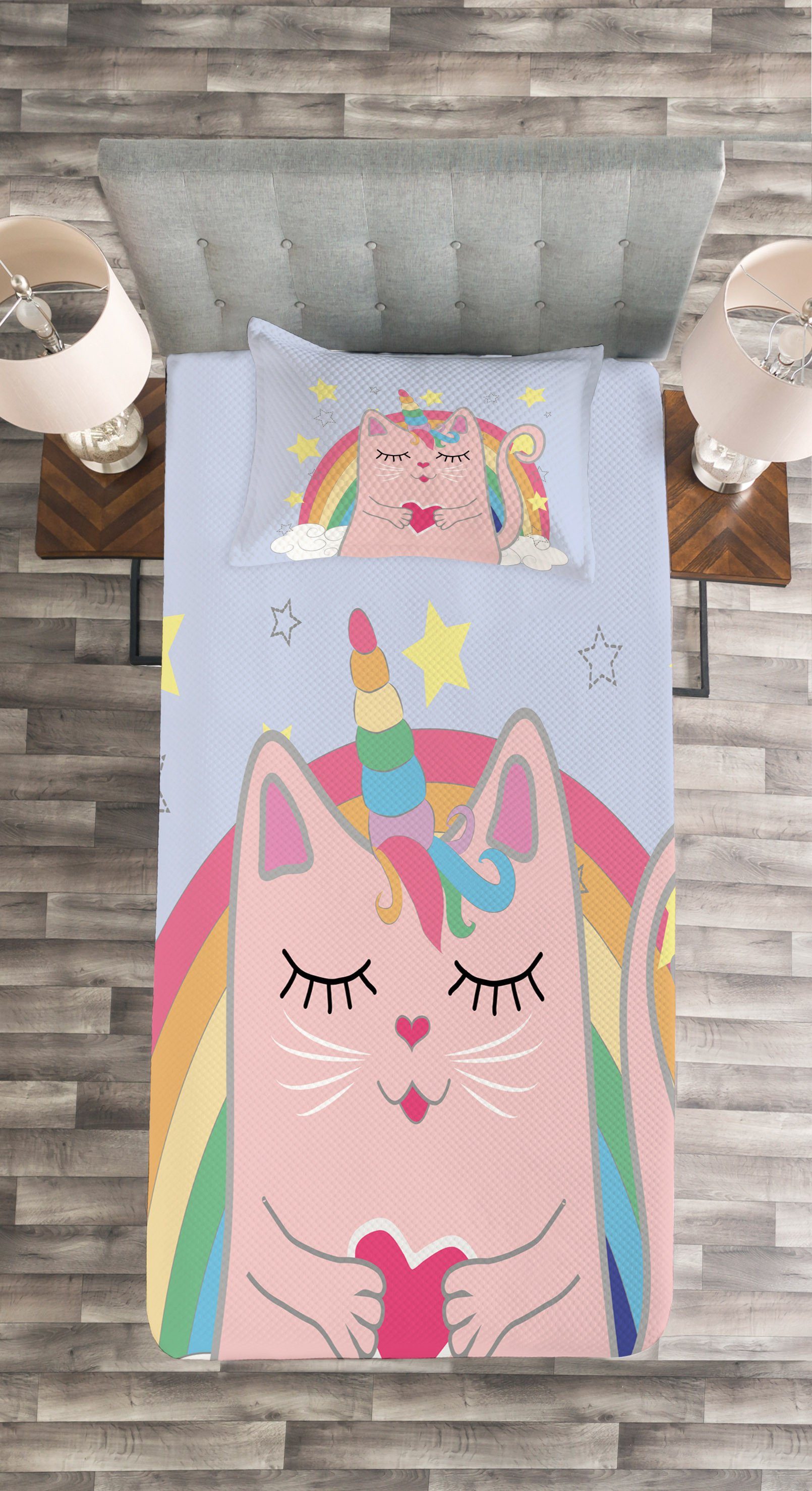 Regenbogen Katzen-Herz-Kätzchen-Kunst Abakuhaus, Waschbar, Tagesdecke mit Set Kissenbezügen