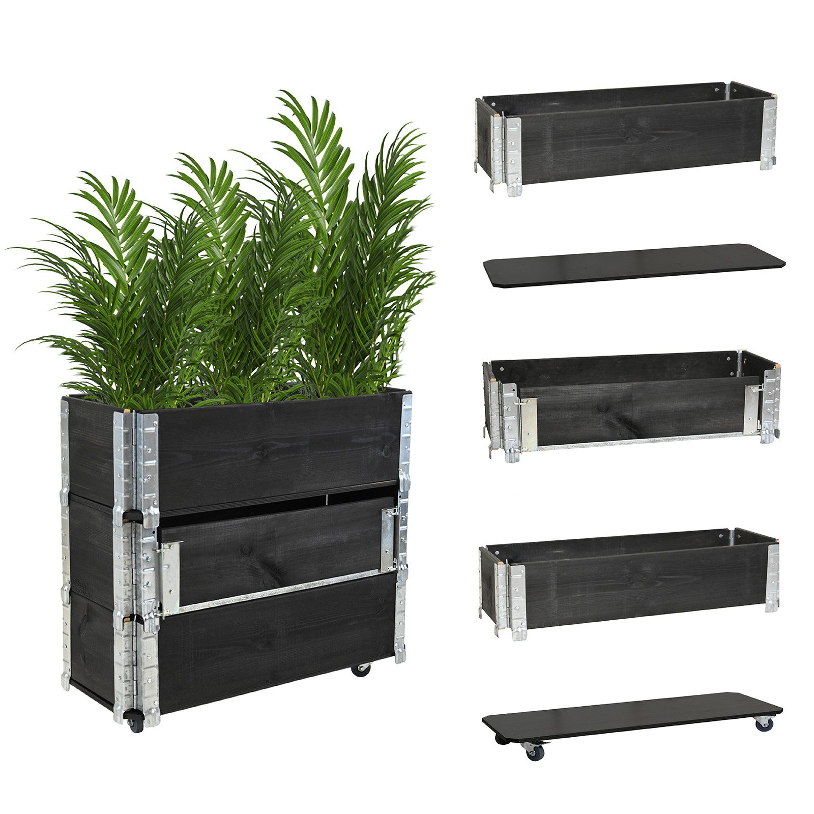 TRUTZHOLM Hochbeet auf Rollen Kräuterbox 80x30x68 cm mobil schwarz für Garten und Balkon (5-teilig), flexible Gestaltung