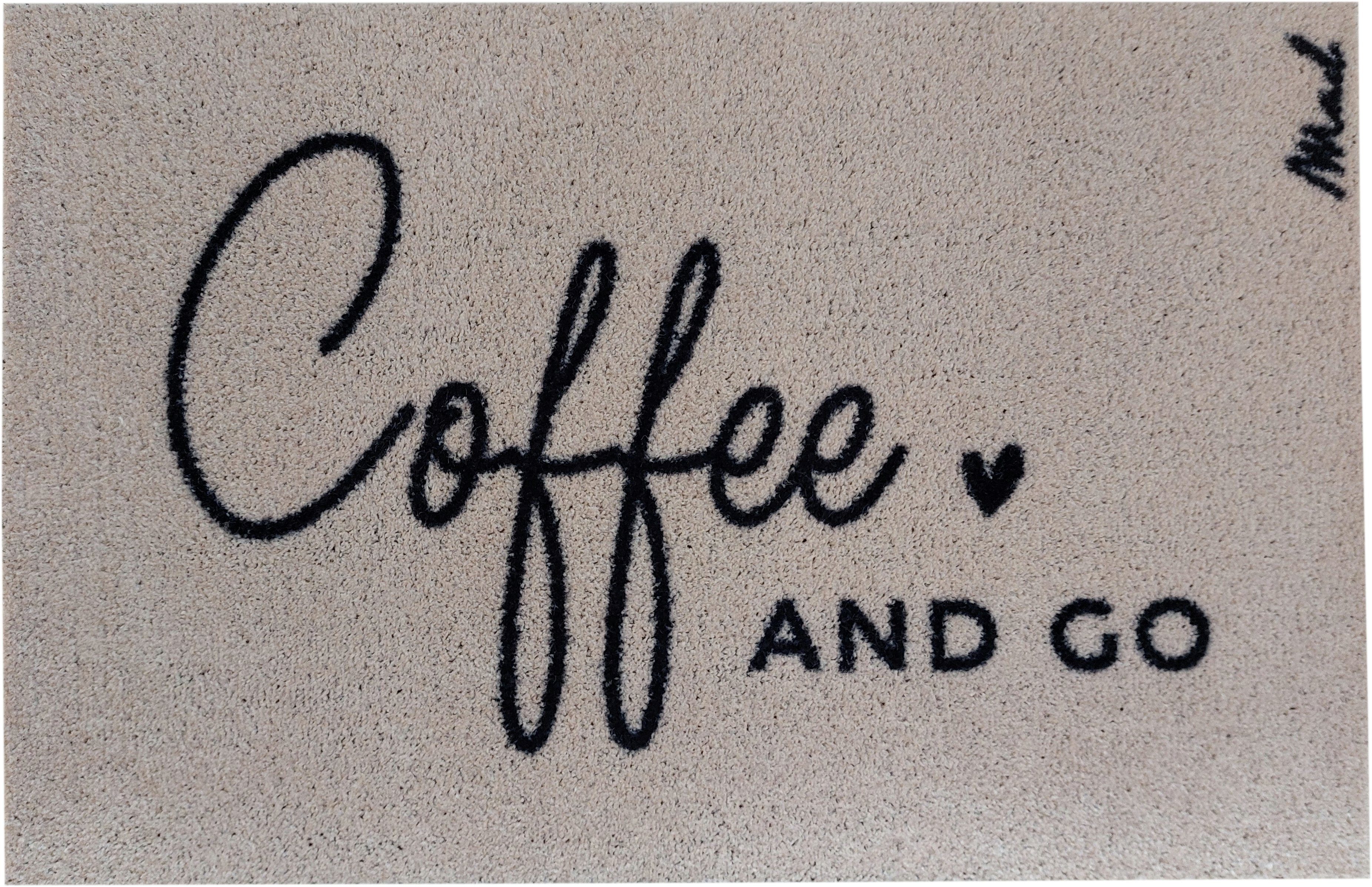 Mad about Mats Fußmatte Coffee, Rechteckig, Türvorleger, Küchenläufer, Küchenteppich, Beige, Kaffee, Mit Spruch "Coffee and go", Outdoor und Indoor, rutschfest, waschbar, 50 x 75 cm