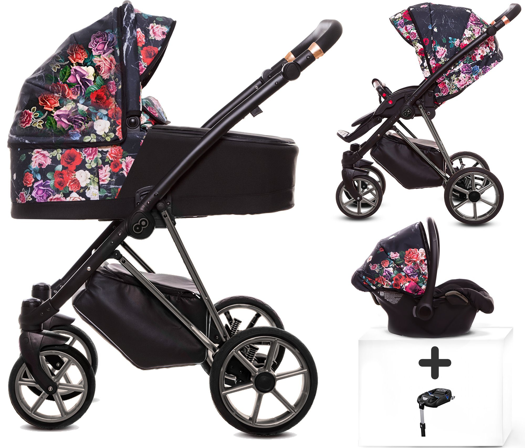 TPFLiving Kombi-Kinderwagen 4 in 1 Musse Dark Rose, Buggy Babywanne Autositz Isofix Windeltasche, Moskitonetz Regenschutz Kinderwagen Komplettset Gestell Chrom | Kombikinderwagen