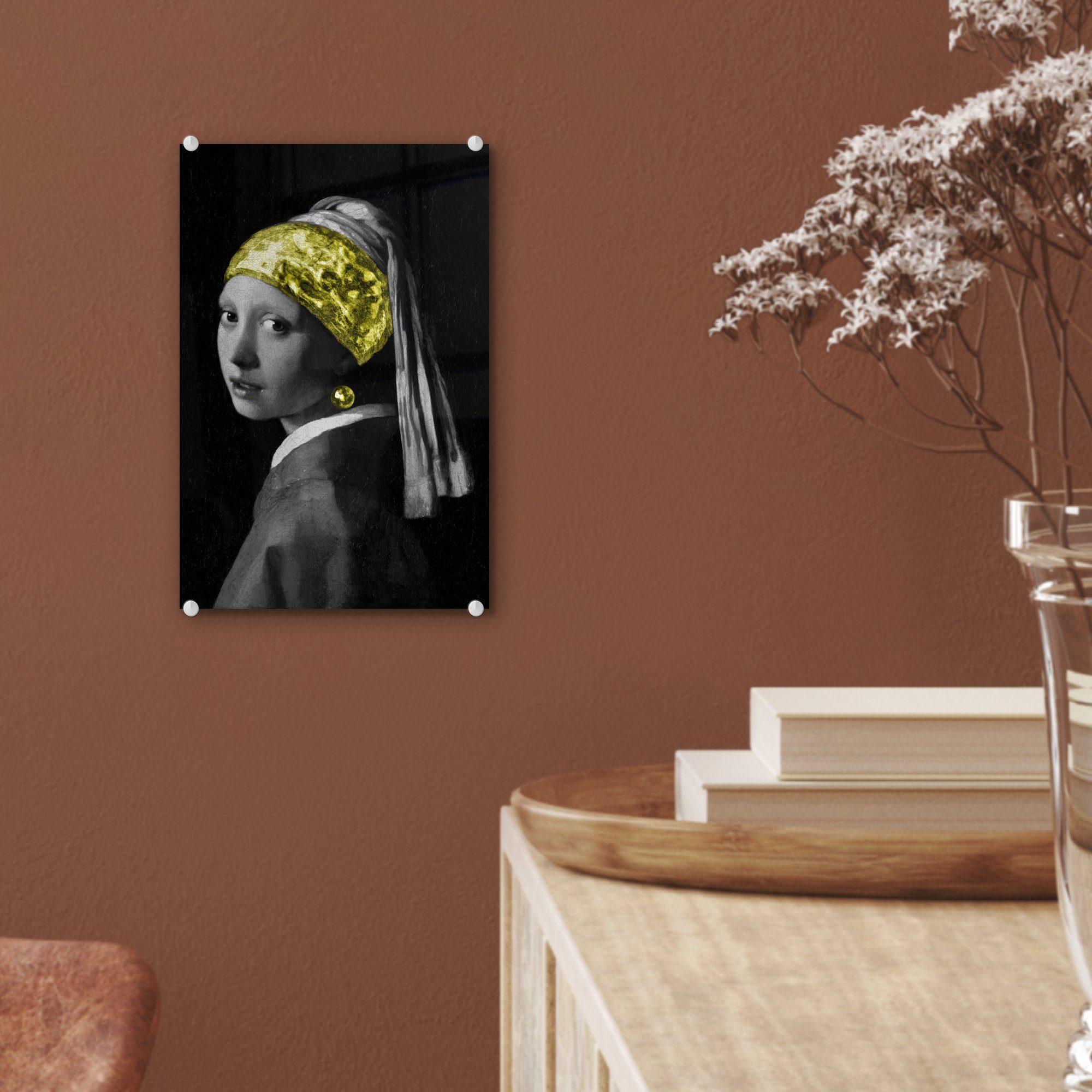 - Vermeer einem - - auf Glasbilder Acrylglasbild MuchoWow Johannes - St), mit auf Foto Glas (1 Bilder Wanddekoration Glas - Perlenohrring Gelb, Wandbild Mädchen