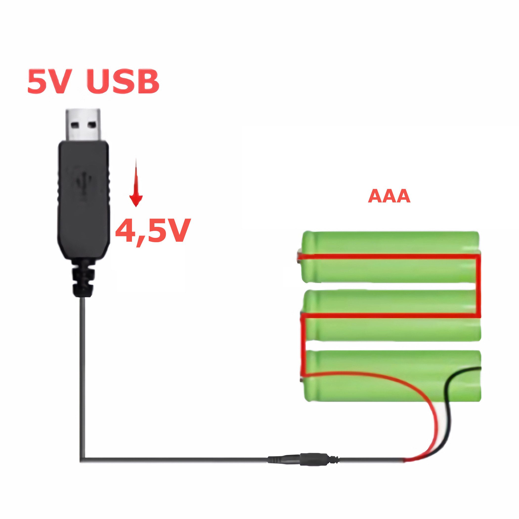 Bolwins H03 USB -AAA Batterie Adapter 4,5V Stromkabel Stromversorgung USB 1m Stromkabel, USB-A, USB Typ A (100 cm), Ersetzt 3× AAA-Batterien durch stabile USB-Stromversorgung
