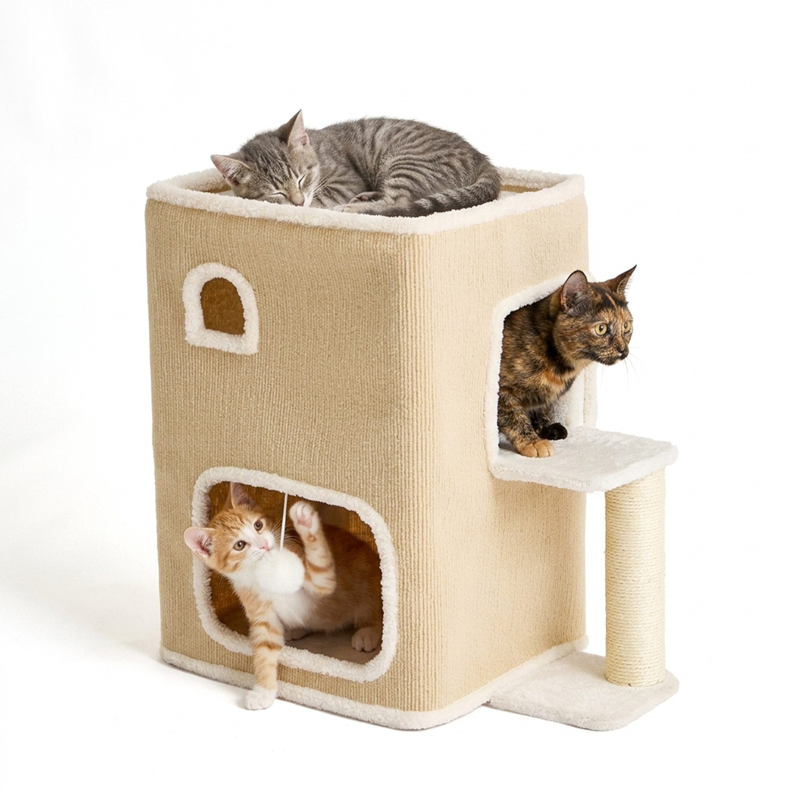 relaxdays Katzenhaus 2 Etagen Ball & Kratzstamm, Beige