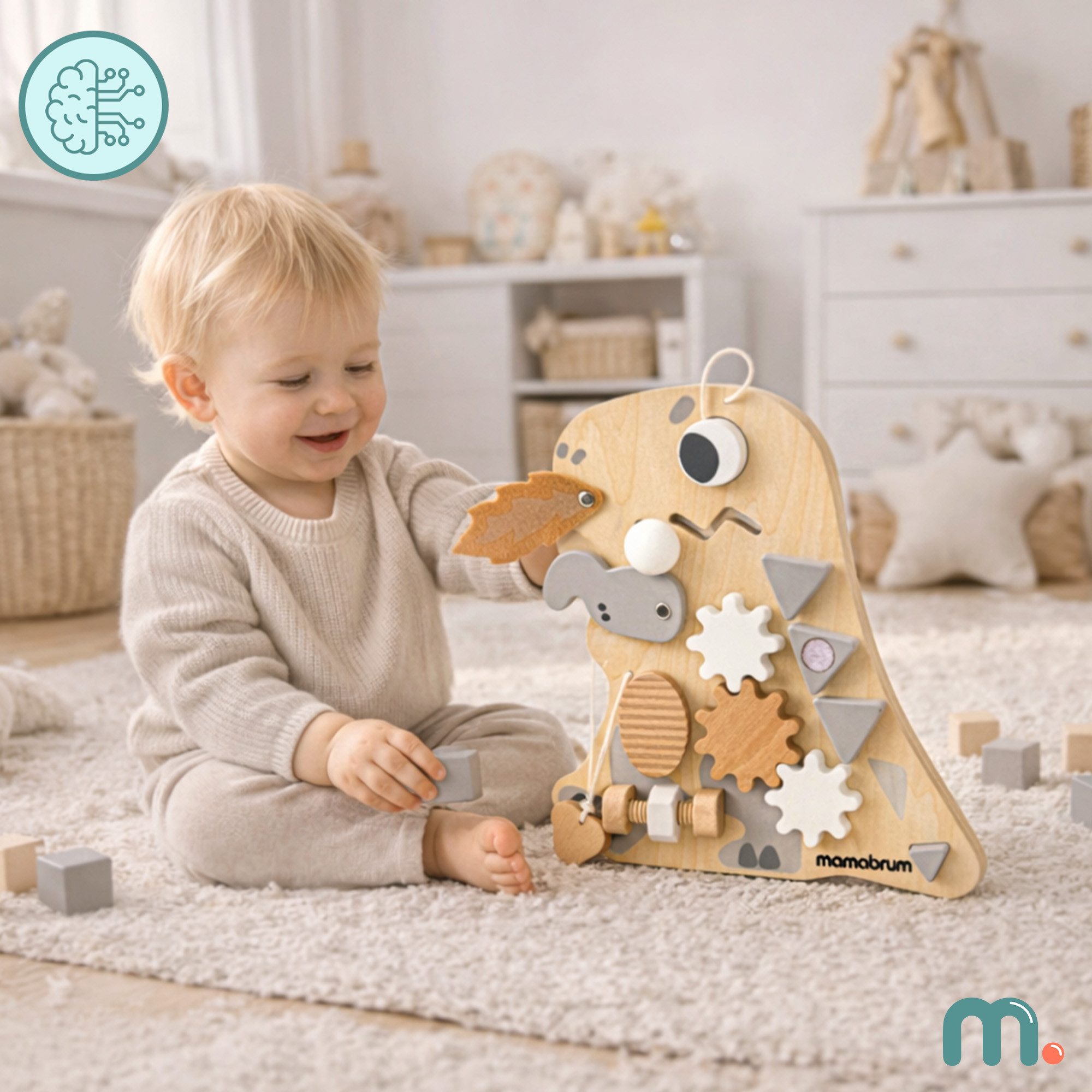 Mamabrum Motorikbrett Mamabrum Montessori Busy Board Dino 10in1 Holz Lernspielzeug