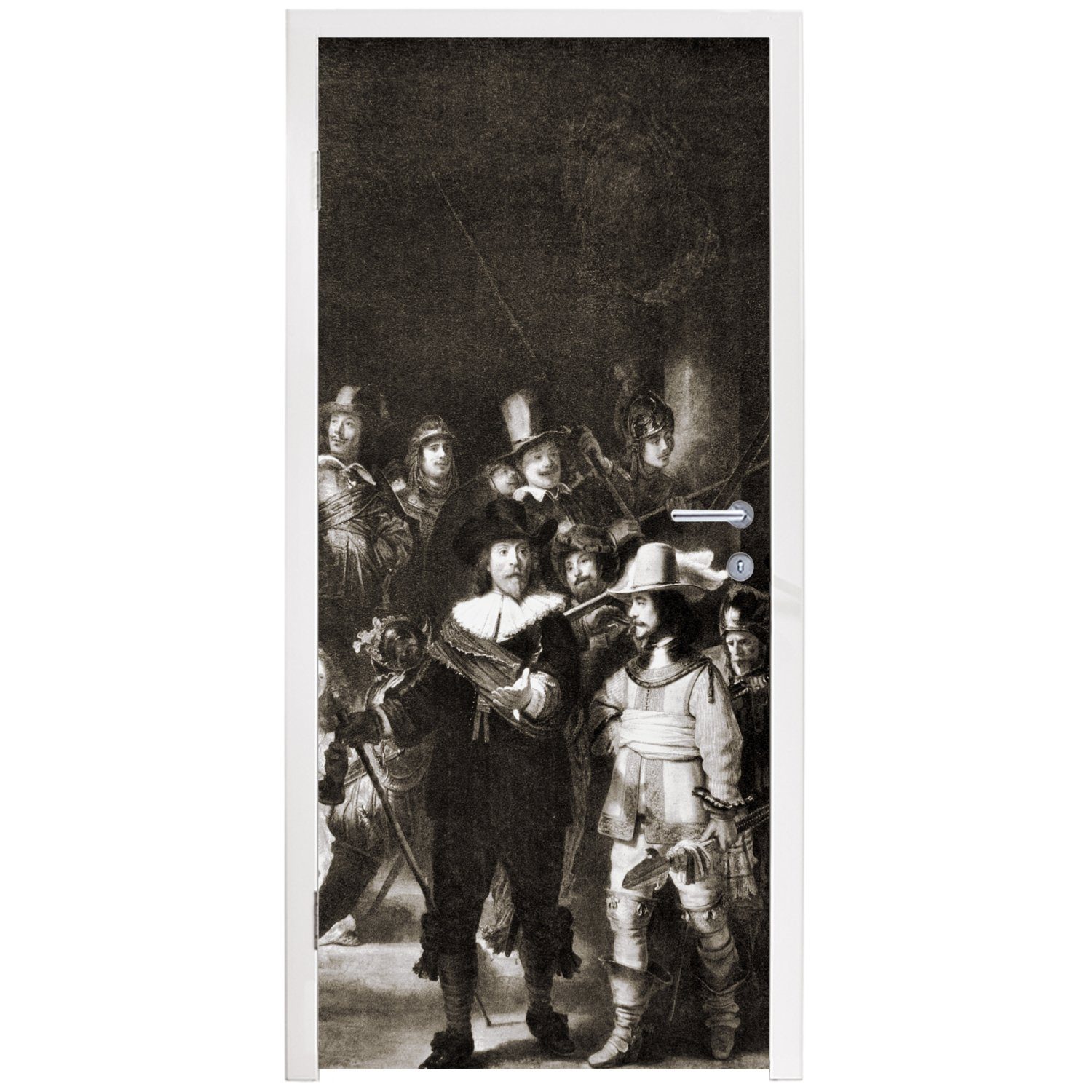 cm Tür, Nachtwache Schwarz MuchoWow Rembrandt Die (1 Fototapete Türaufkleber, bedruckt, und Weiß in - Matt, für St), van Rijn, Türtapete 75x205